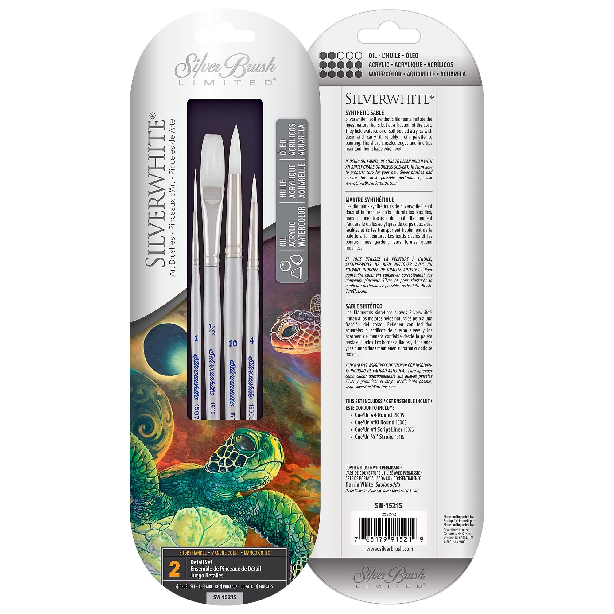 Silver Brush Limited SW-1521S Silverwhite Detail Set, 4pc Short Handle Professional Premium Artist Painting Set for Watercolor, Gouache, Inks, Dyes, Acrylics, Script Liner, Stroke, and Round Brushes