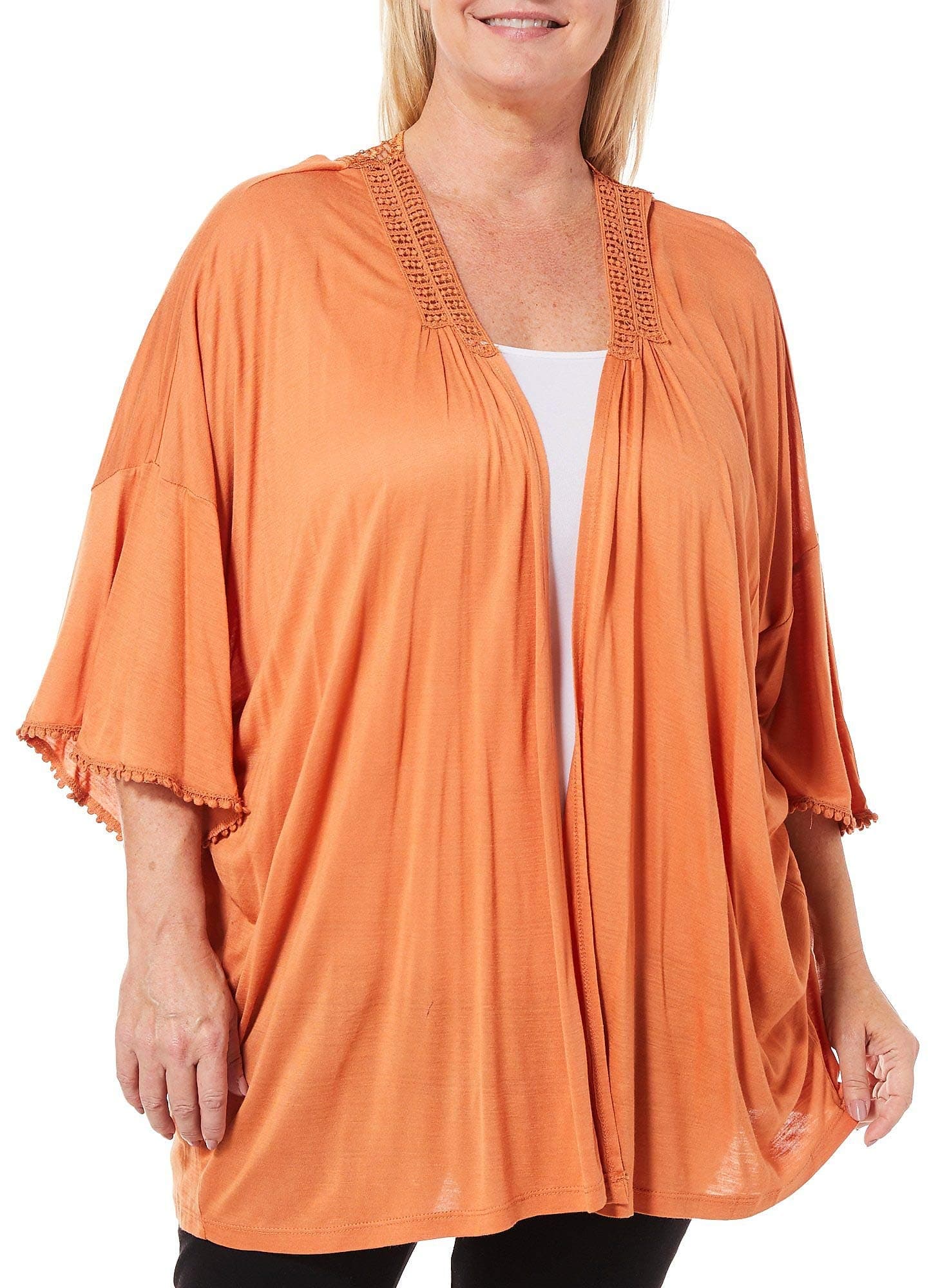 OneWorldWomen's Solid Knit Kimono with Lace Trim