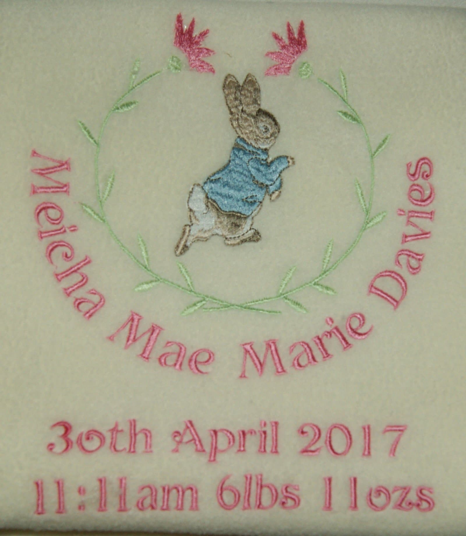 Girl’s Personalised Little Rabbit Super Soft Fleece Birth Blanket. (Cream)