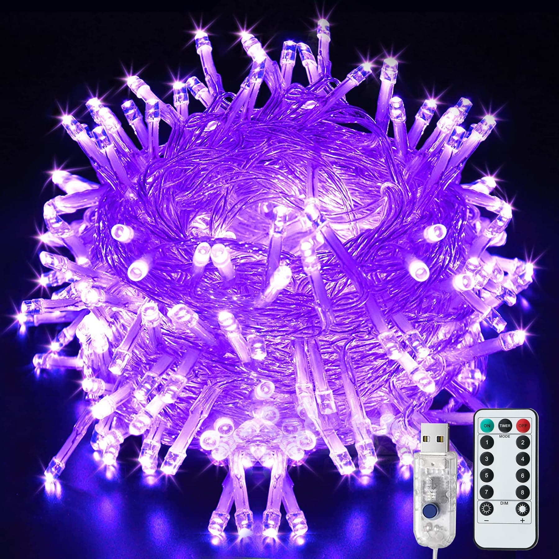 LITYBY Fairy String Lights,8 Modes USB Plug in Powered Lights Waterproof Outdoor/Indoor Christmas Lights with Remote Timer for Bedroom, Party, Wedding, Halloween Decoration (Purple)