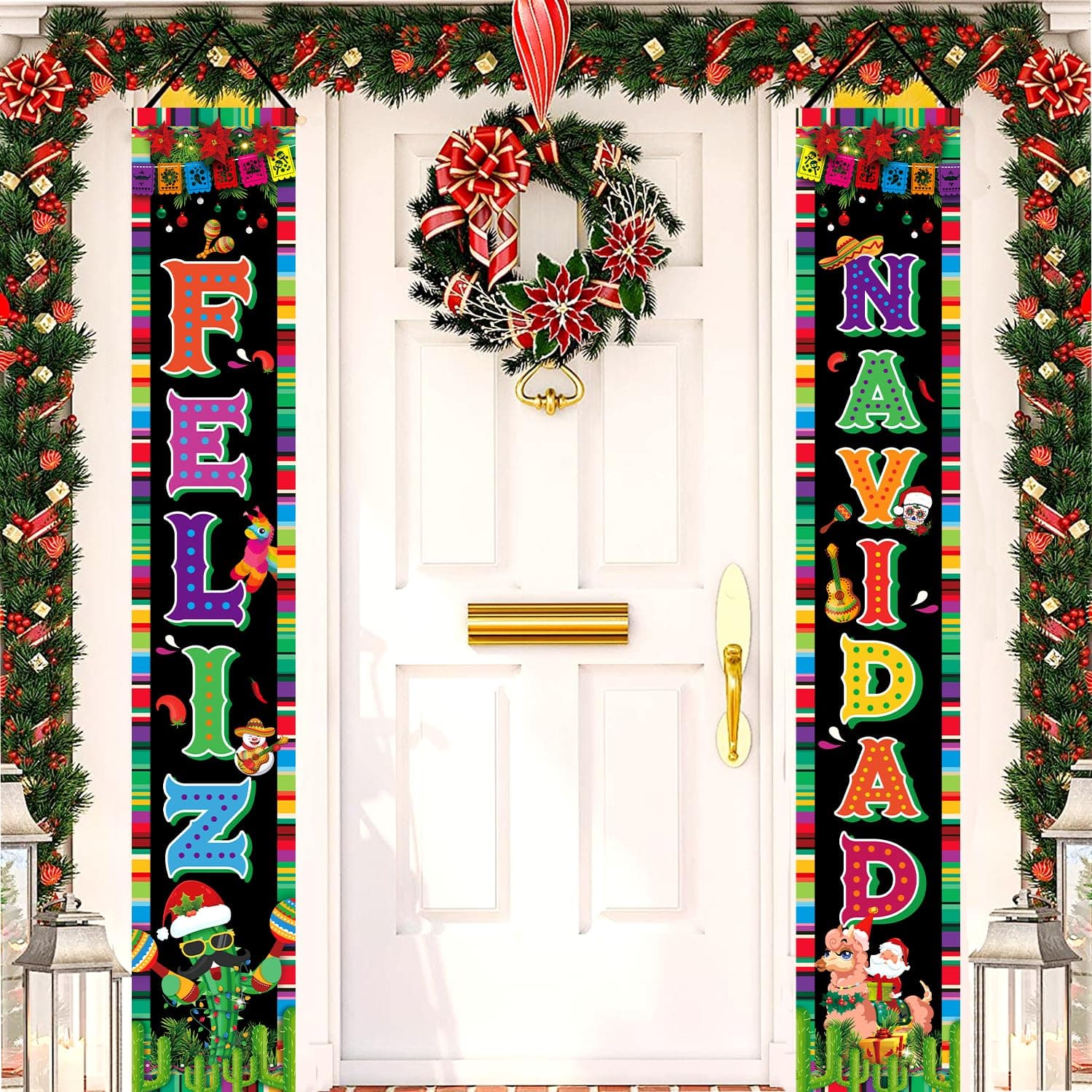 Feliz Navidad Decorations Porch Sign, Mexican Christmas Decorations Welcome Sign Door Banner, Spanish Christmas Decorations Porch Decor for Christmas Xmas Party
