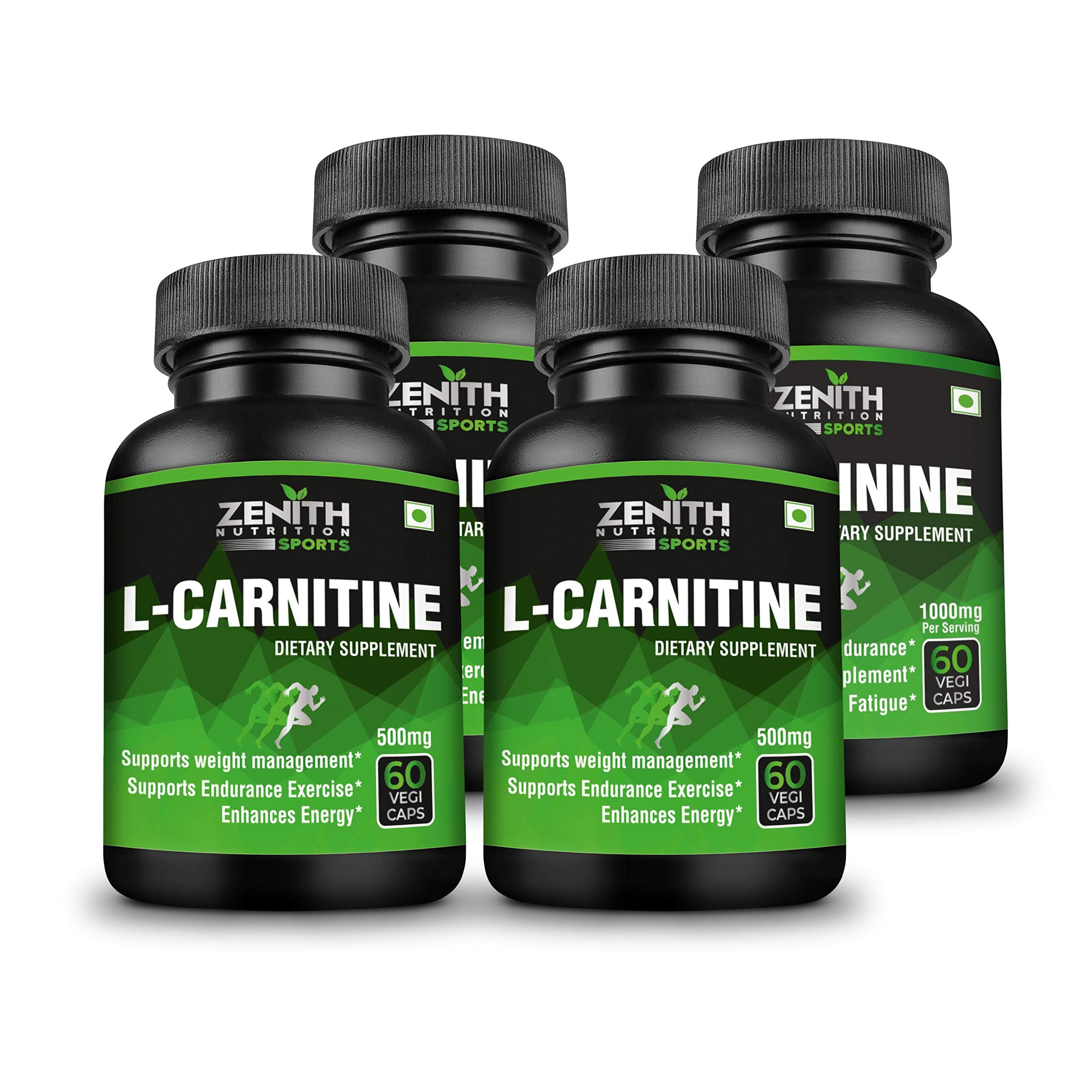 Zenith Sports L-Carnitine 500mg, 240 Capsules (60 capsules X 4 Bottles) | Dope Free | Fat Burner | Boosts Energy