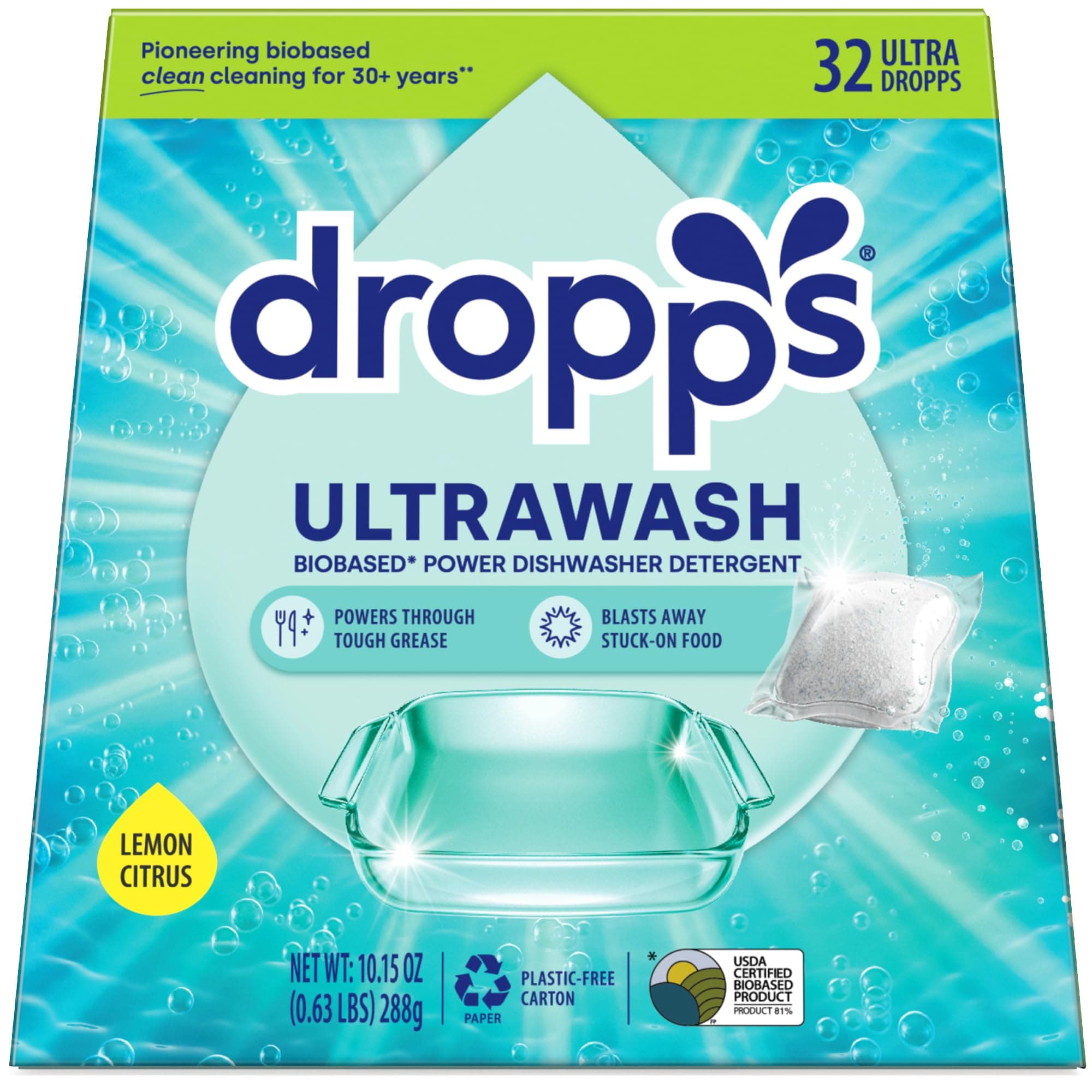 Dropps UltraWash Dishwasher Detergent Pods, Lemon Citrus (32 Ct) - Cuts Grease & Stuck-On Food | Sparkling Dishes & Glasses | Residue-Free | Clean Ingredients | No Pre-Rinse | Plastic Free Packaging