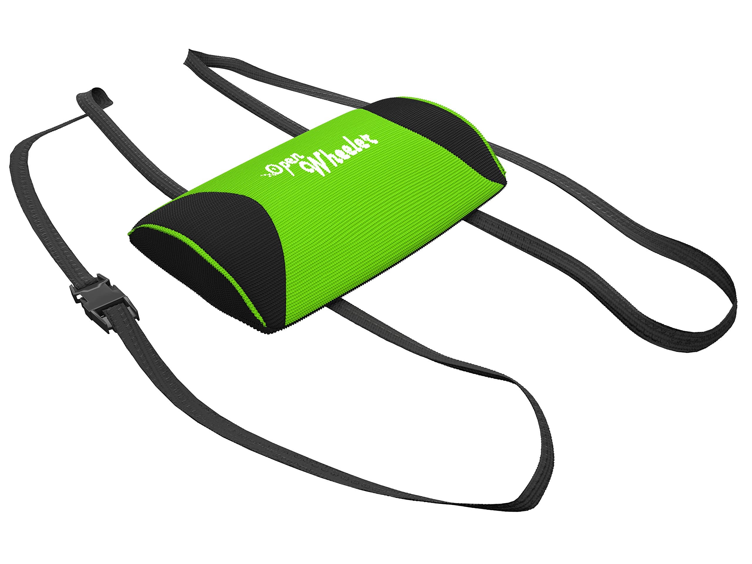 OpenWheeler Lumbar Support Lower Back Pillow Backrest with adjustable lastic straps. Breathable and washable fabric. Green/Black