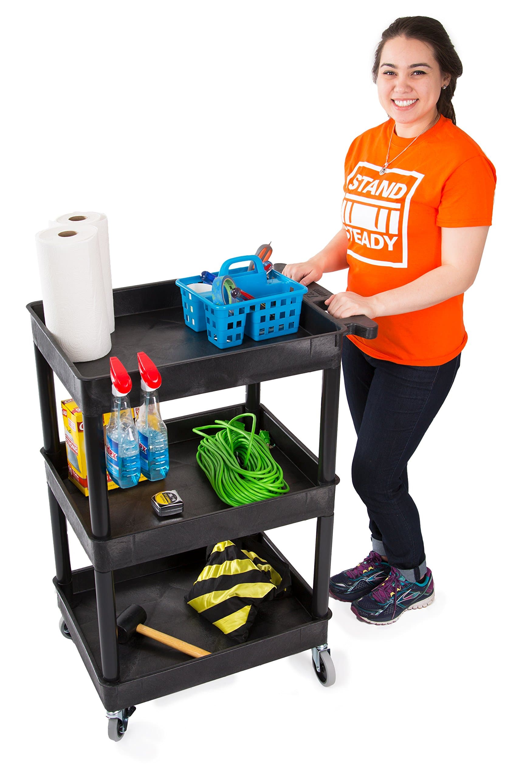 Stand Steady Tubstr Compact 3 Shelf Utility Cart | Heavy Duty Service Cart Supports up to 300 lbs! | Tub Cart with Deep Shelves | Great for Warehouse, Garage, Cleaning & More (3 Shelf/Black / 24 x 18)