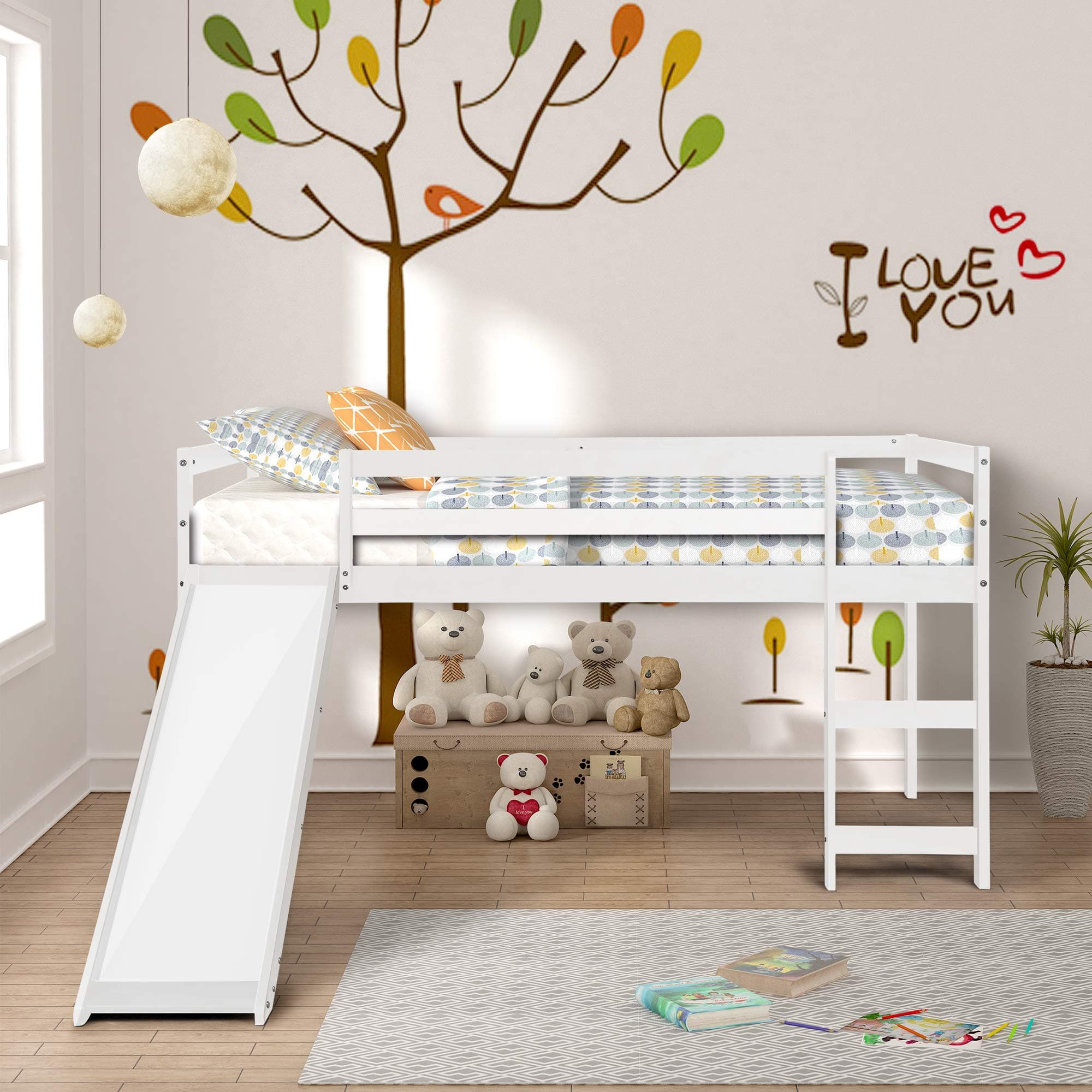 Multifunctional Design Solid Wood Twin Kids Loft Bed with Slide for Boys & Girls Bedroom (White)