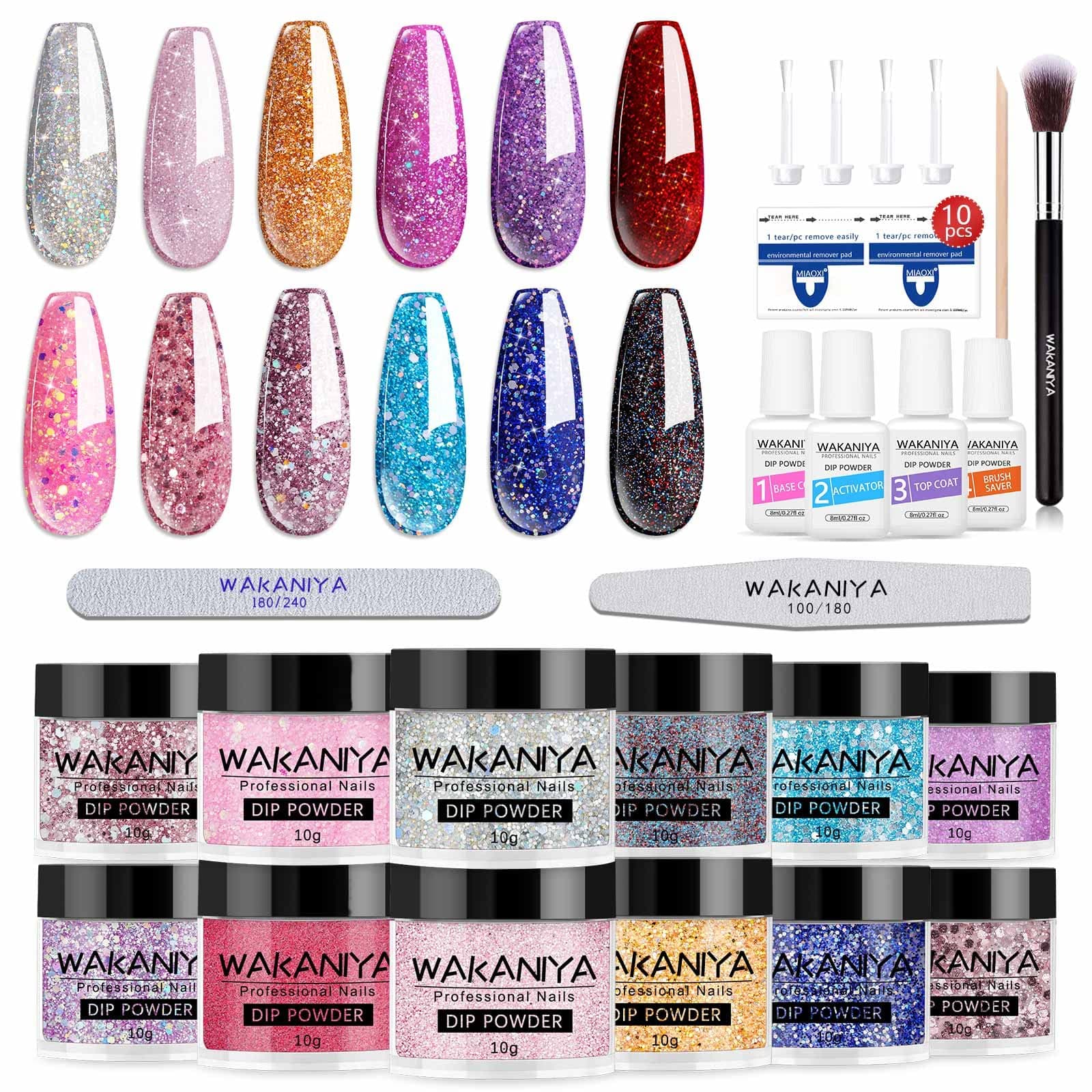 24 Pcs Dip Powder Nail Kit Glitter 12 Color Dipping Powder Set Nail Dip Powder Kit System with Base Top Coat Activator Brush Saver DIY Home Gifts for Women for DIY at Home and Salon