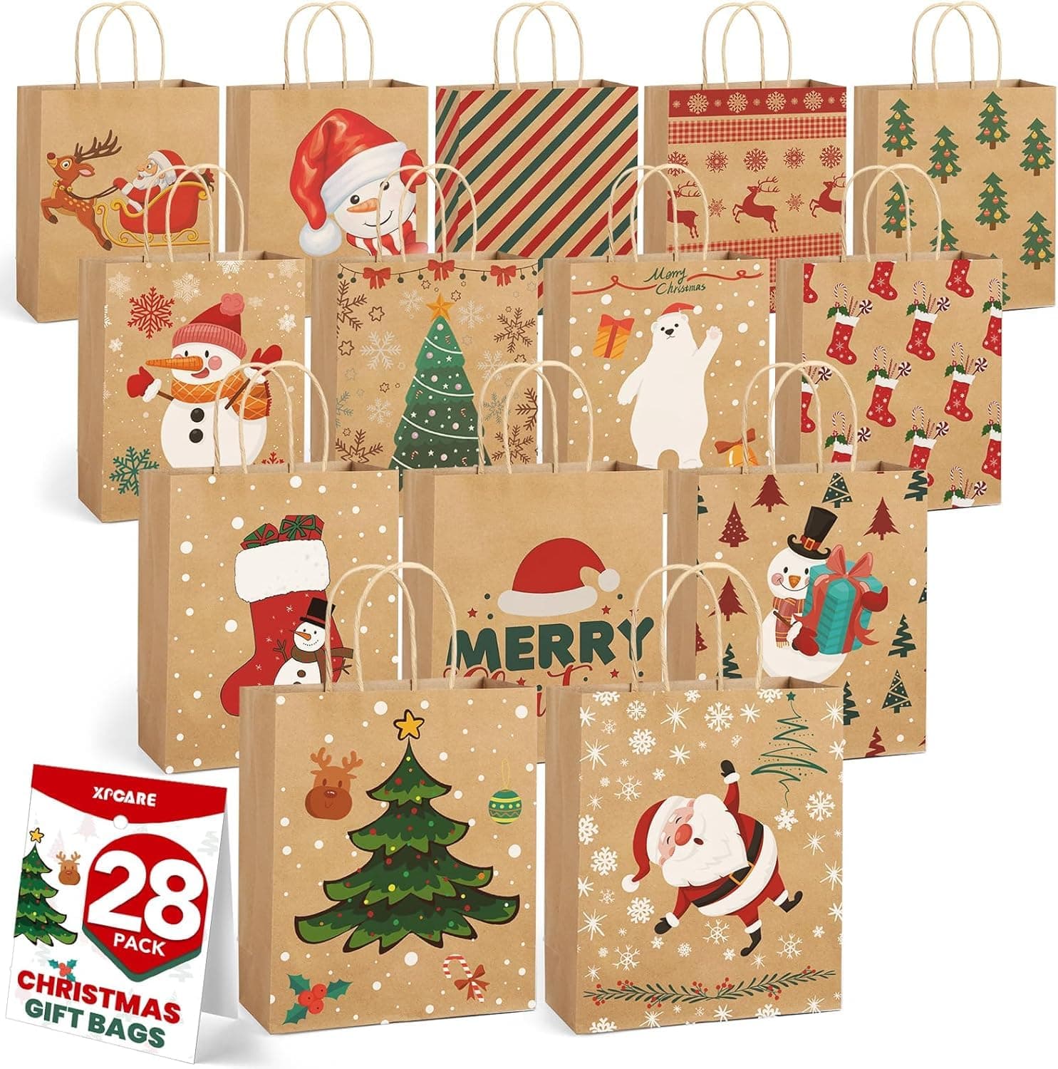 XPCARE28 Pack Christmas Kraft Gift Bags with Handles, 9x7.5x3.5 Christmas Gift Bags, Christmas Goody Bags for Christmas Holidays Party Favors and Presents