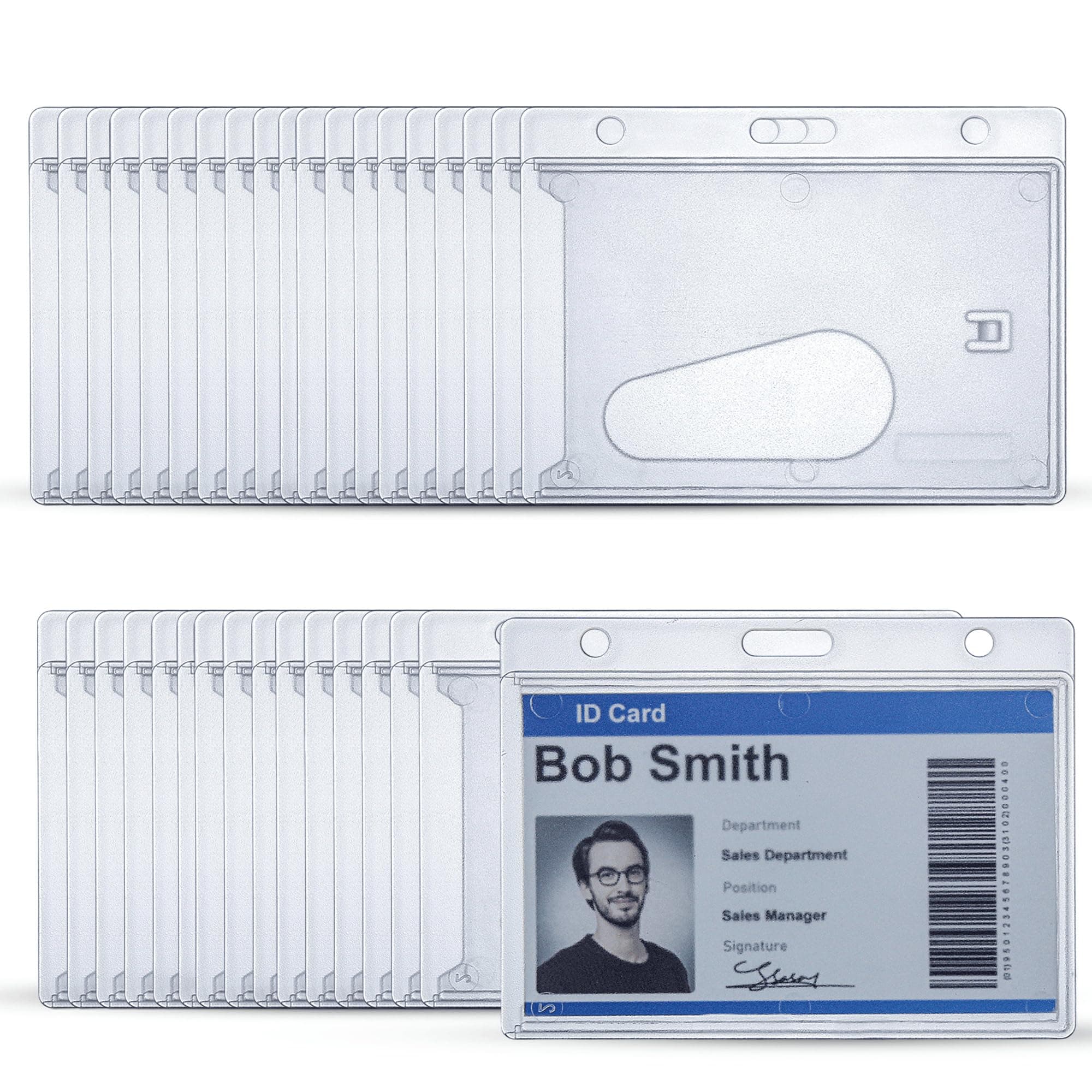50 Pack Frosted Clear Horizontal Hard Plastic ID Card Holders – Rigid Plastic Card Holder & Badge Holder with Thumb Notch, Slot & Chain Holes – Clear Vertical Name Badge Holders for School, Nurse