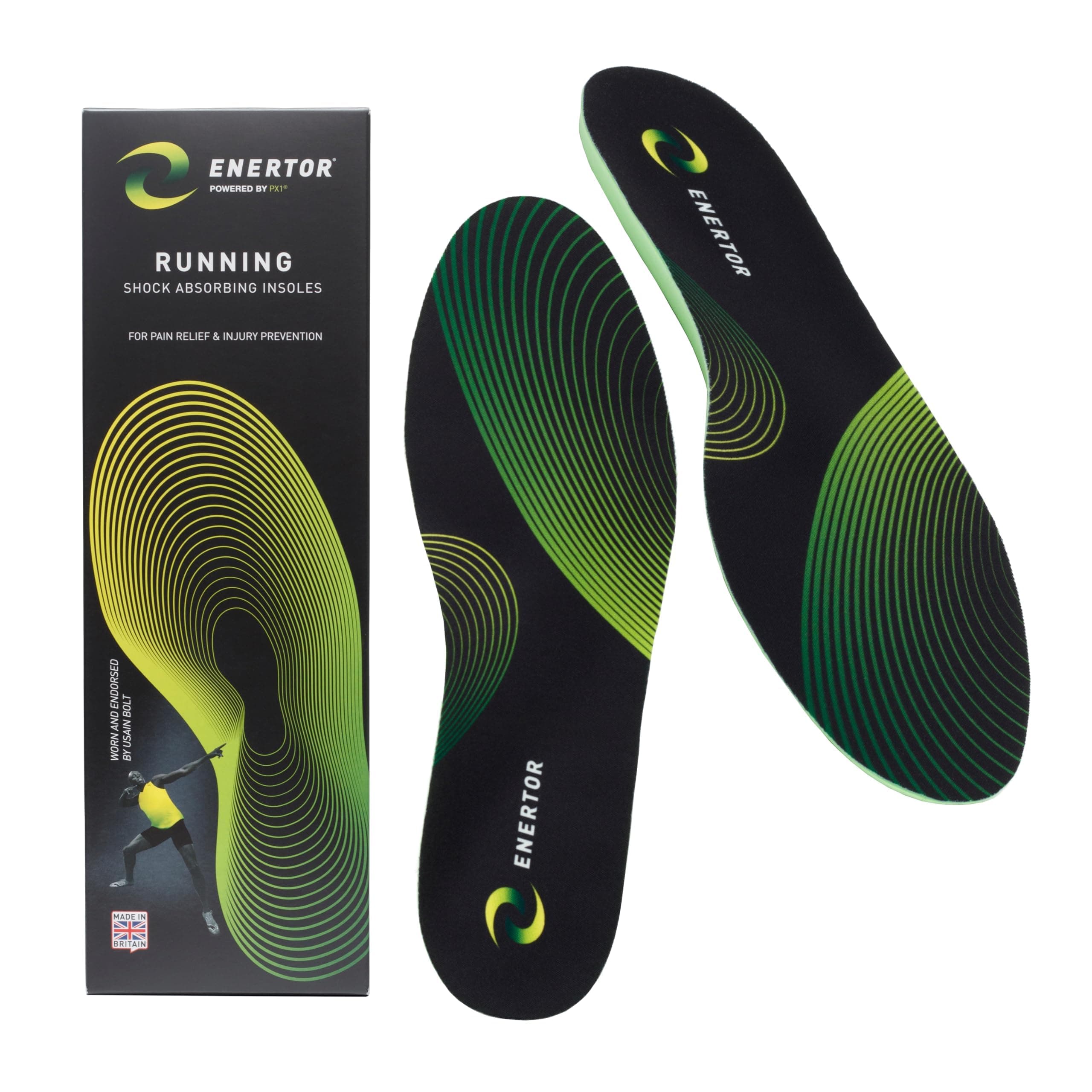 Enertor PX1 Running Insoles - Sports & Running - Full Length Orthotics, Shock Absorbing Technology - Foot & Heel Pain Relief - for Plantar Fasciitis, Achilles Tendonitis, Arch Support, US Mens 8-9