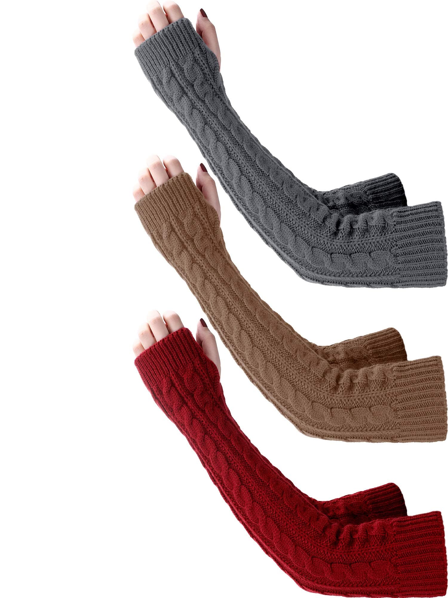 3 Pairs Arm Warmers Long Fingerless Gloves Knit Wrist Warmers with Thumb Hole Open Finger Arm Socks for Women Adult