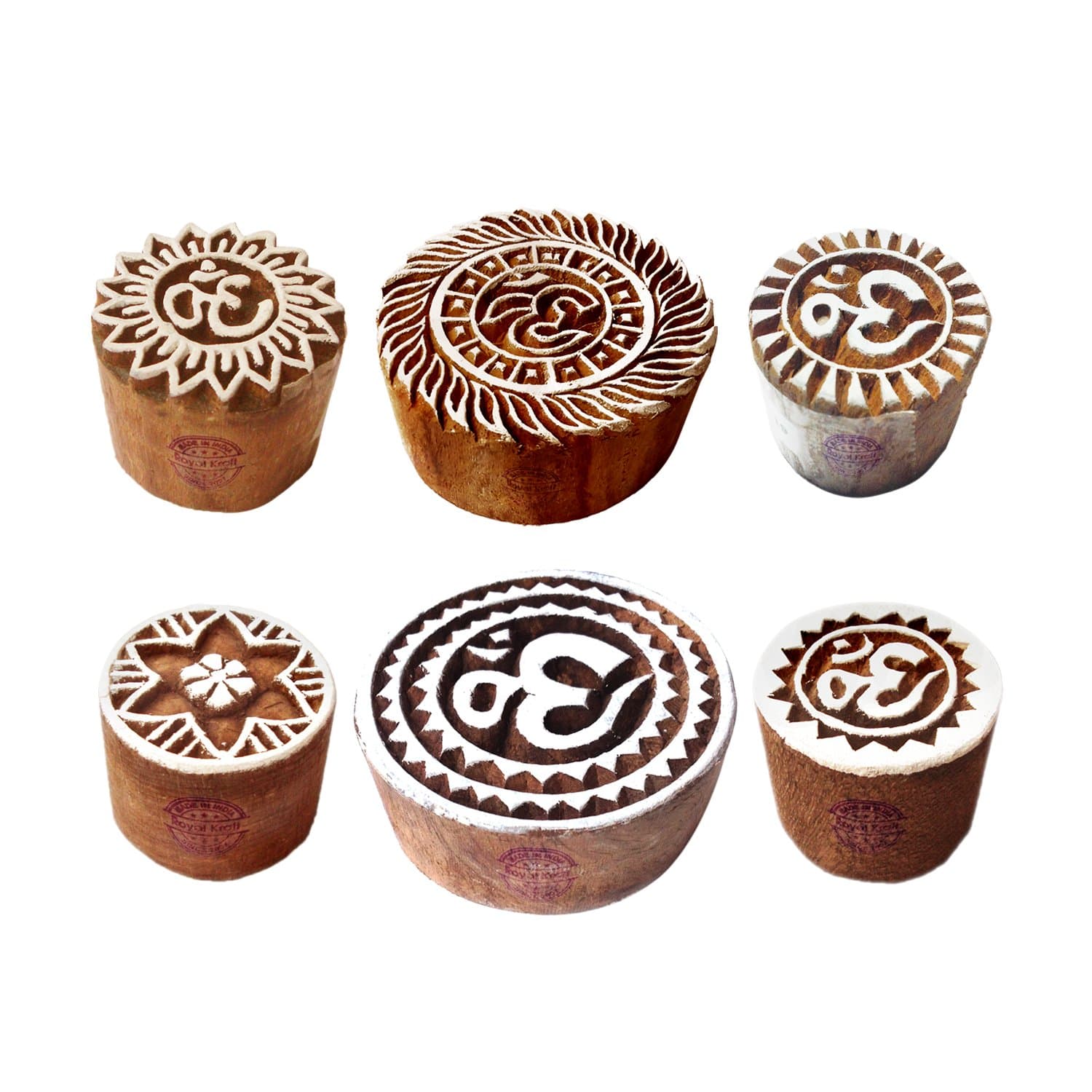 Royal Kraft Clay Printing Stamps Designer Round Om Sign Shape Wooden Blocks (Set of 6)