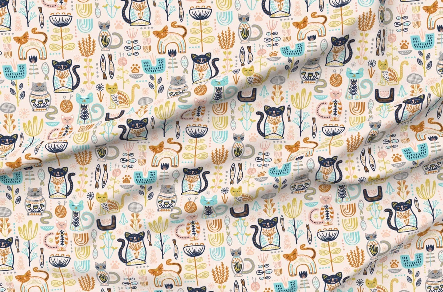 SpoonflowerFabric - Sweet Scandi Cats Florals Blush Copper Pool Blue Navy Stone Printed on Cotton Poplin Fabric by The Yard - Sewing Shirting Quilting Dresses Apparel Crafts