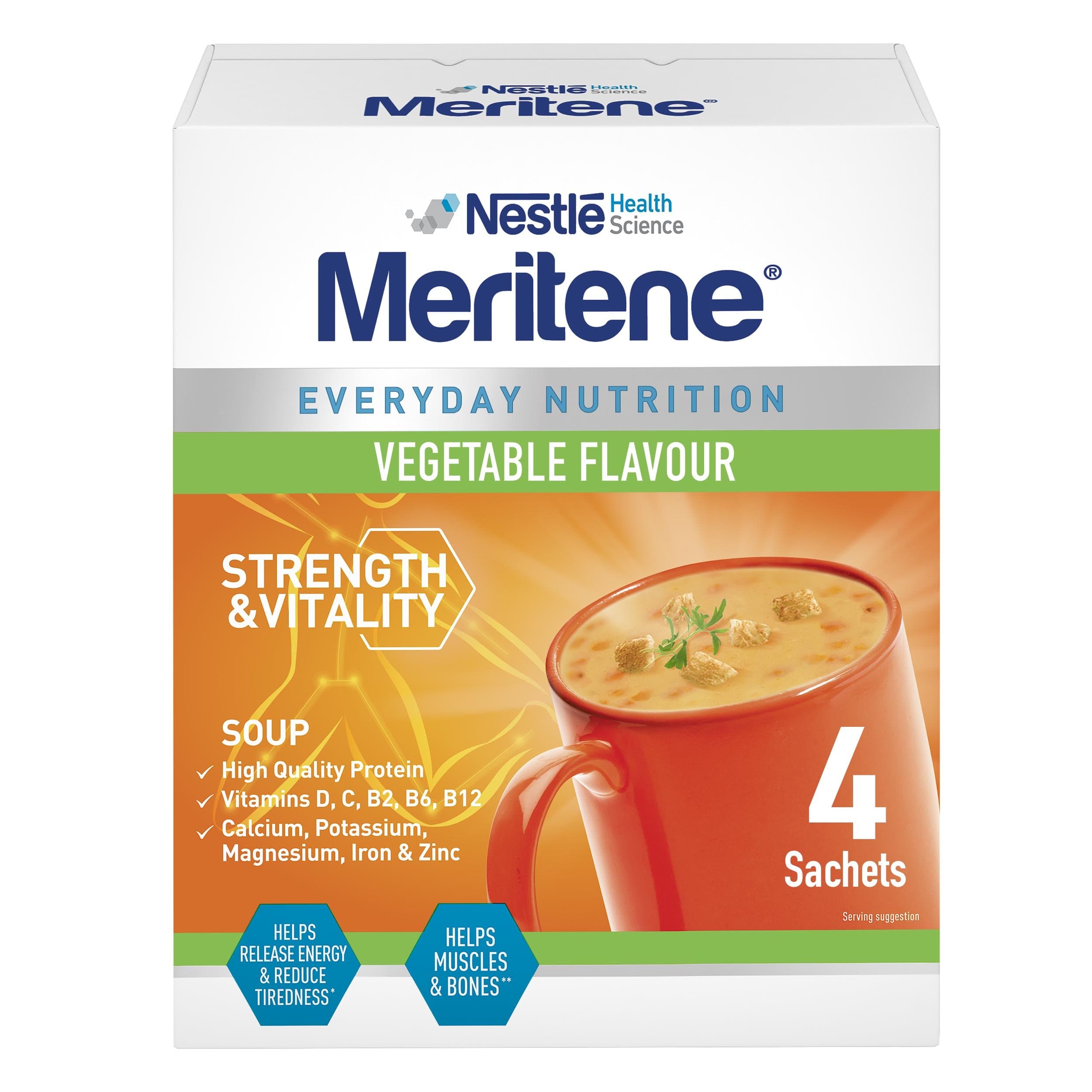 Meritene Strength and Vitality Vegetable Soup, 50g Sachets, Pack of 4 (Contains Protein, Calcium, Vitamin D, Zinc, Iron, Vitamin B2, B6 & C. To help reduce fatigue & release energy)