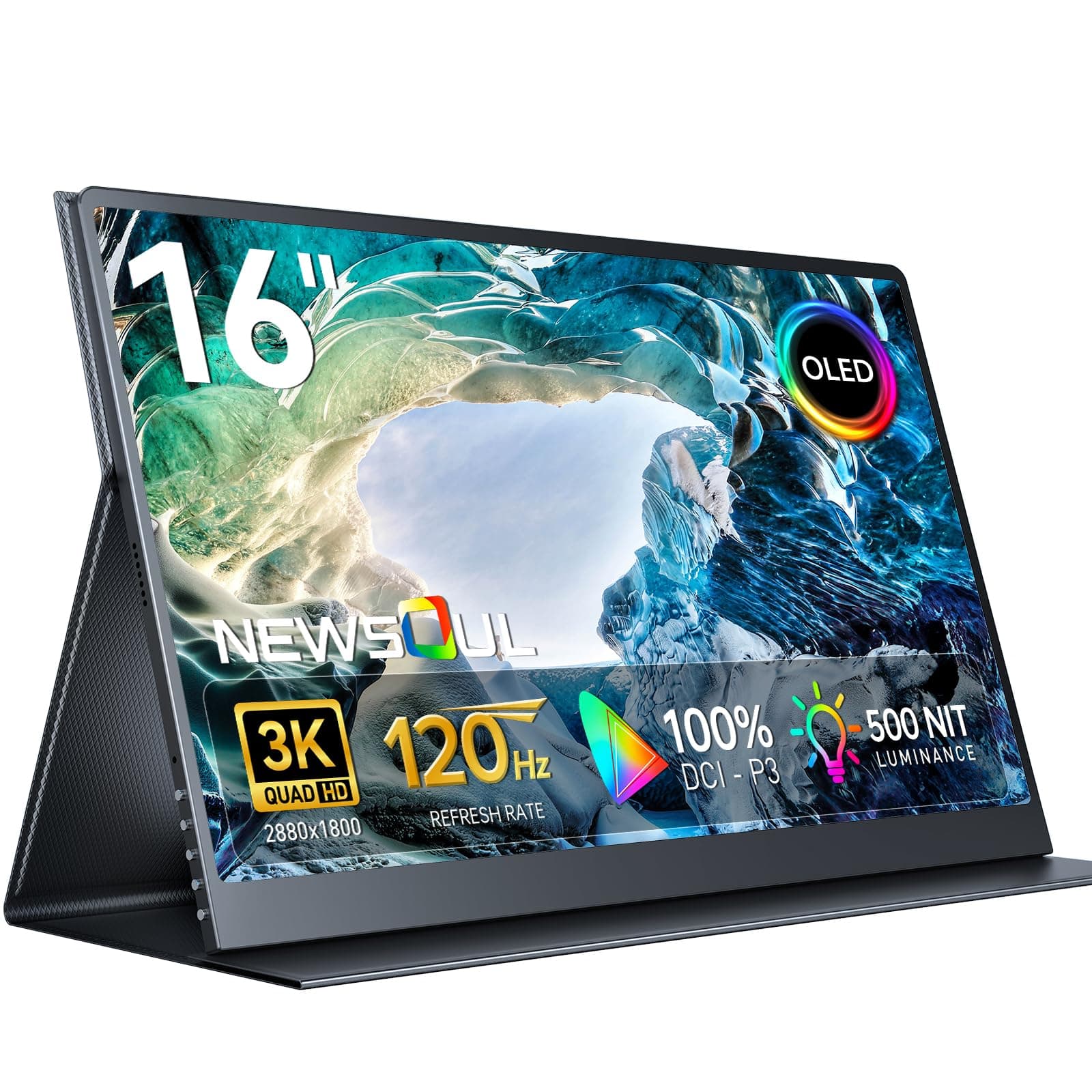 OLED Portable Monitor 16", 3K 2880x1800 120Hz 0.1ms Portable Gaming Display，500 Nits Brightness| 100000:1 Contrast| 100% DCI-P3| 8-Bit+FRC| Ultra-Slim Travel Monitor for Laptop PC Phone Game Consoles