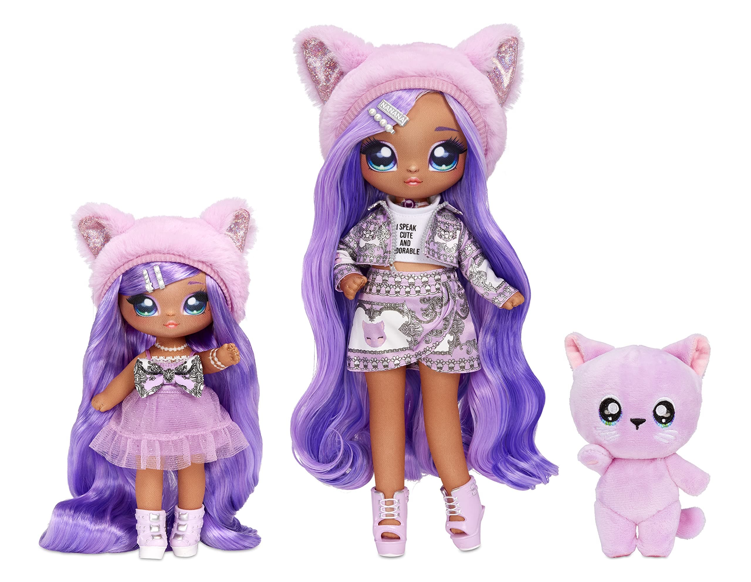 Na Na Na Surprise Family Soft Doll Set of 3 with 2 Fashion Dolls and 1 Pet - Toys for Kids - Lavender Kitty with Long Hair Dolls, 12 Removable Accessories and Outfits, and Adorable Plush Pet Cat
