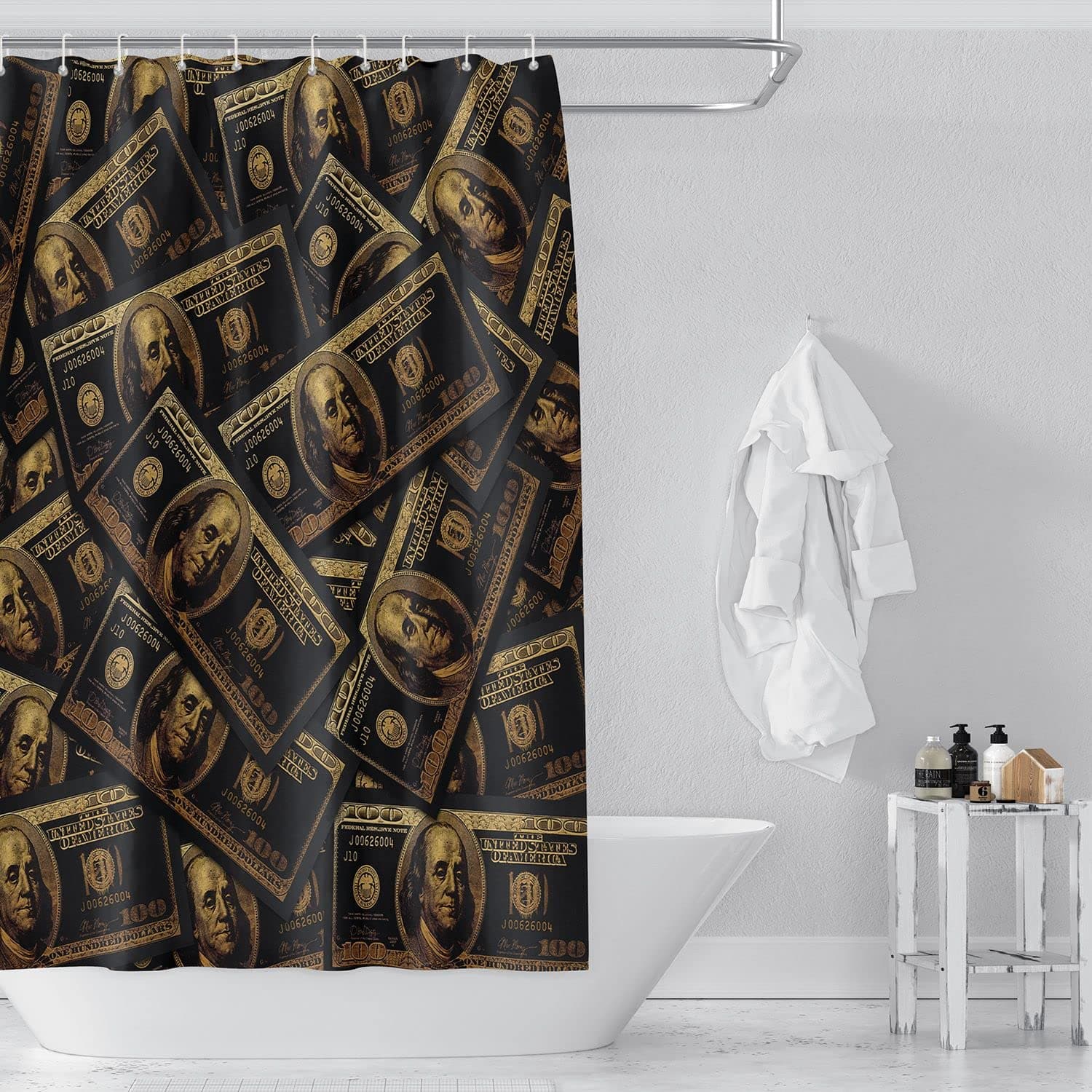 Black Gold 100 Dollar Bills Bathroom Curtains Shower HD Printed Curtain Set Waterproof Fabric Heavy Duty for Men Women Ocean Decor with Hooks 72inchx72inch, , 72 in x
