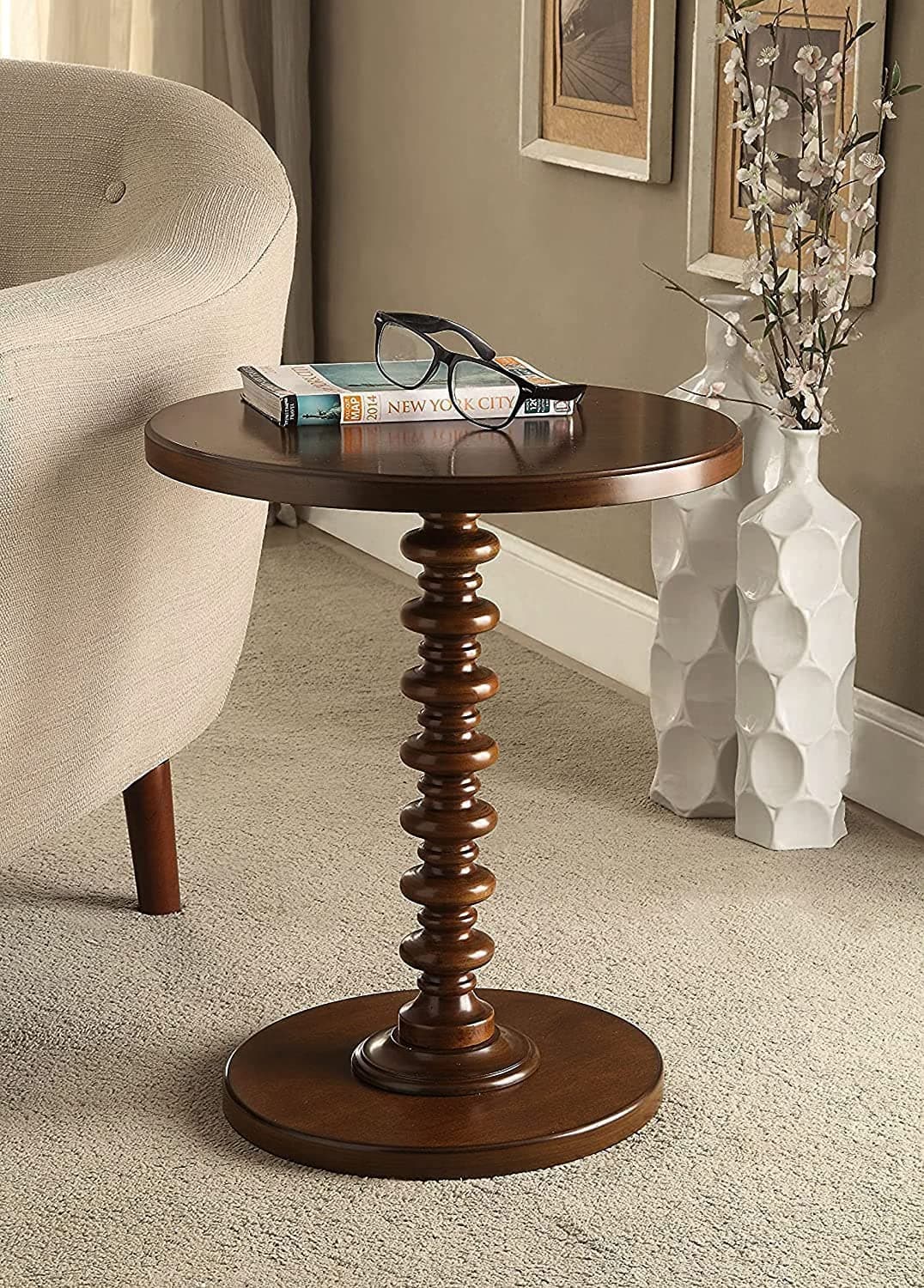 Brown Arts Shoppee Round Coffee End Tables for Living Room, Accent Furniture Pedestal Coffee Table, Decor Side Tables for Bedroom (Brown)
