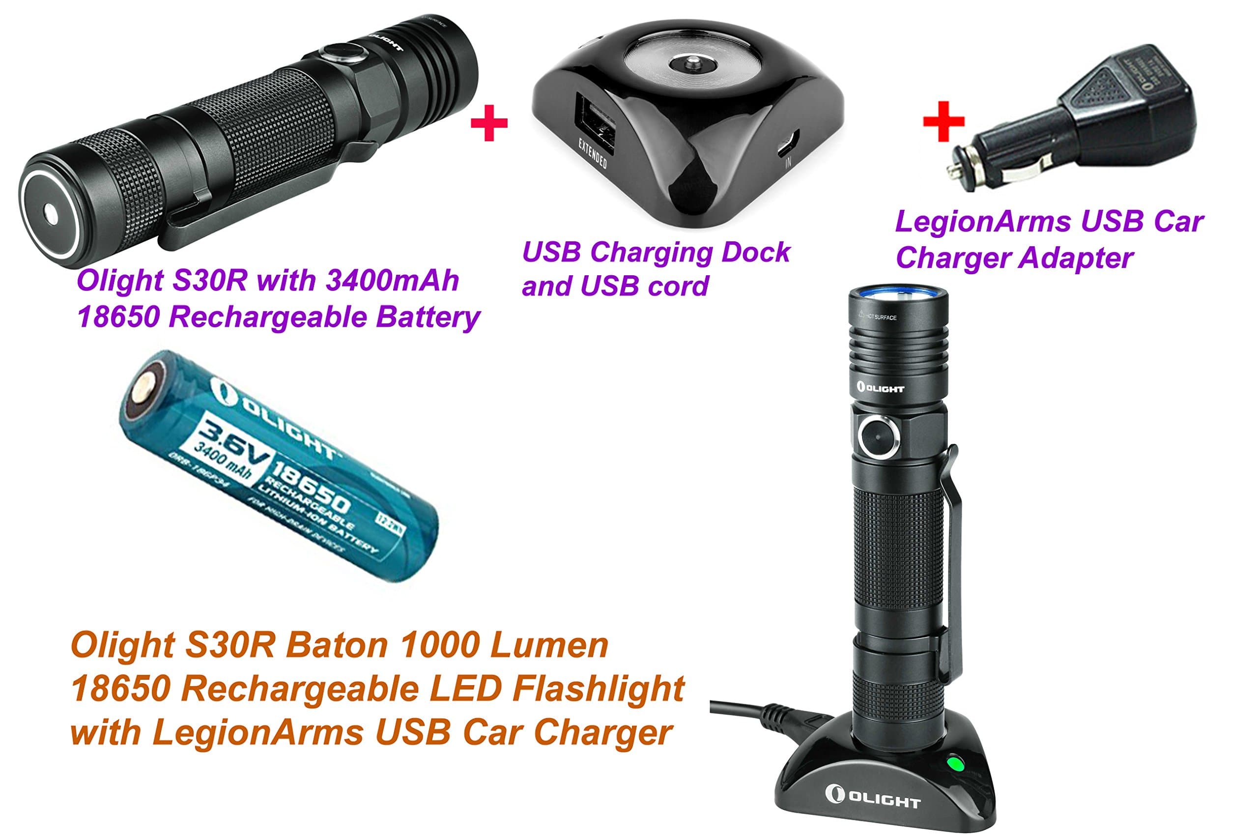 OLIGHT S30R Baton 1000 Lumens LED Flashlight Rechargeable S10 S20 upgrade with 3400mAh 18650 Li-ion battery, USB Charging dock and LegionArms Car Charger