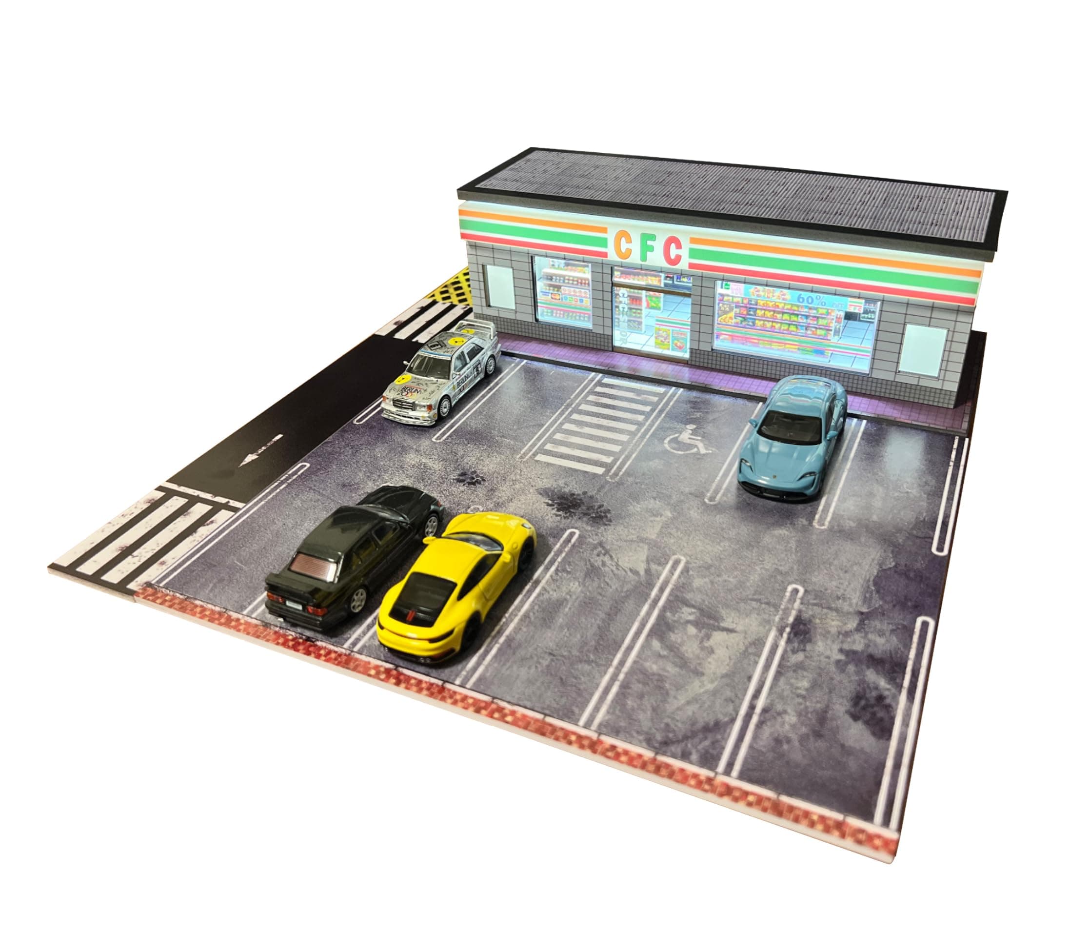 1/64 Scale Die-Cast Model Car Display Case Scale Model Car Display Case for Hot Wheels Cars with LED Lights (Convenience Store) 11 Parking Spaces
