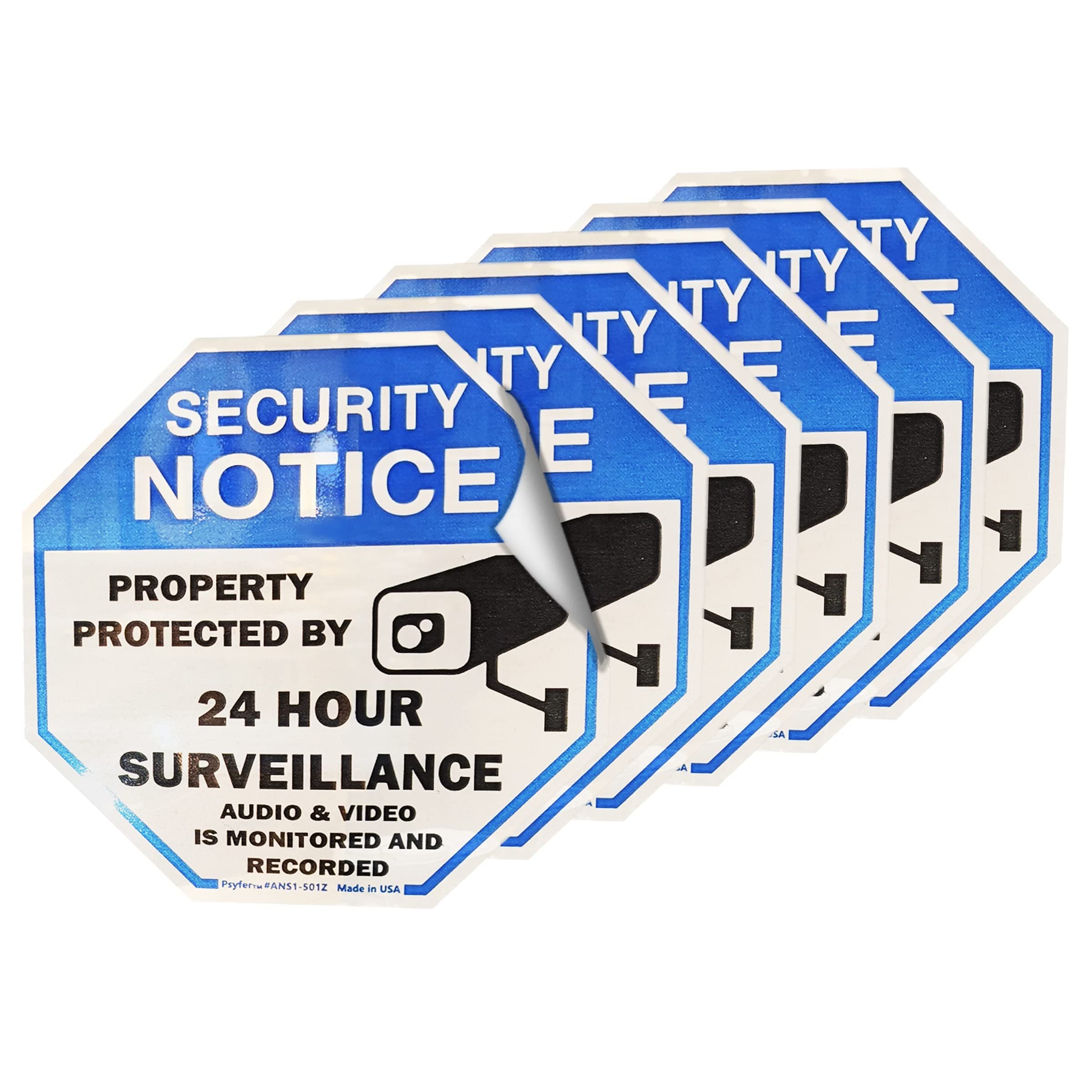 Psyfer (Fade-Free) Security Notice Decal Stickers BLUE (6 Pack)