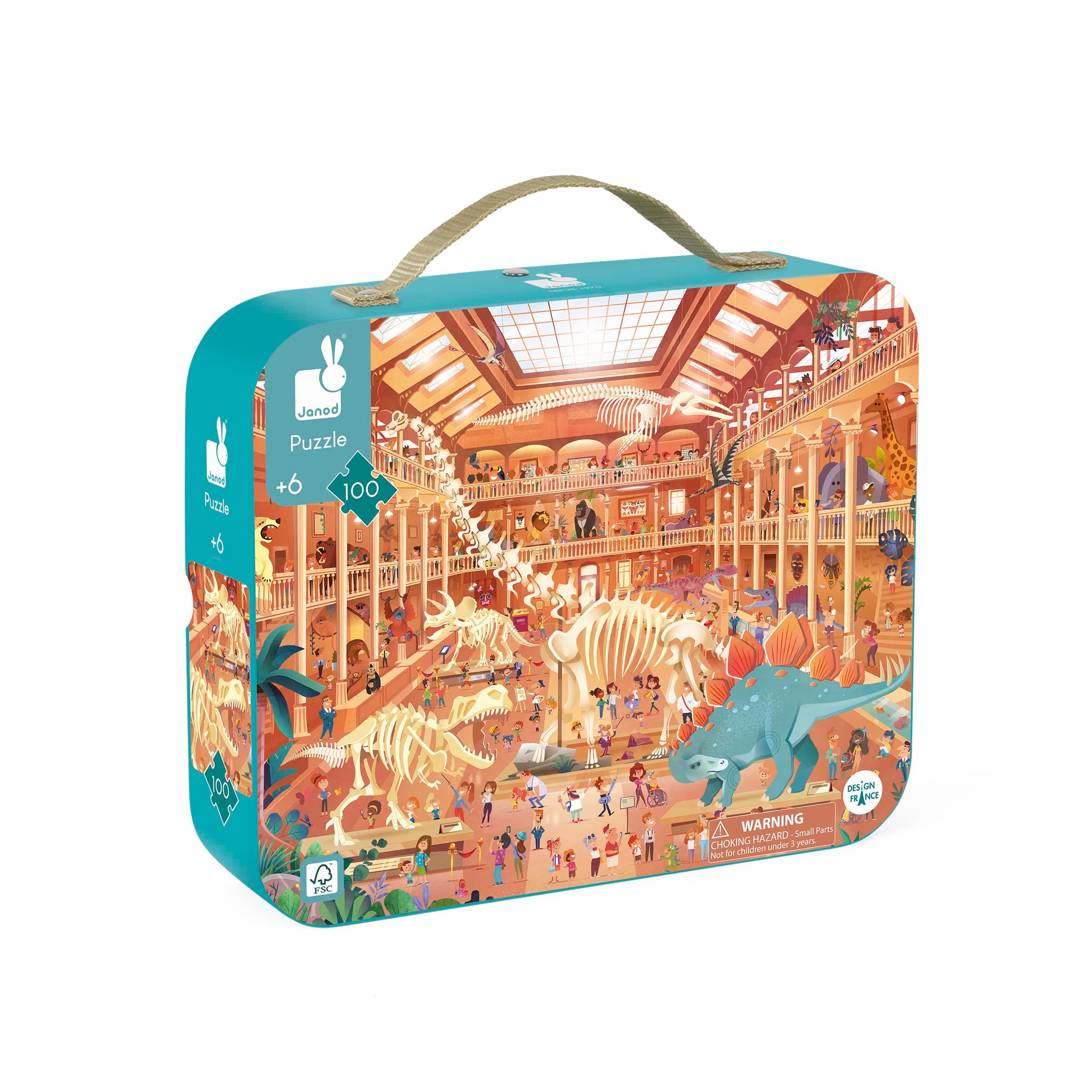 Janod100 Piece Children’s Jigsaw Puzzle - Natural History Museum - Giftable Carrying Case with Fabric Handle - Learning and Exploration - Ages 6-10 Years - J02537