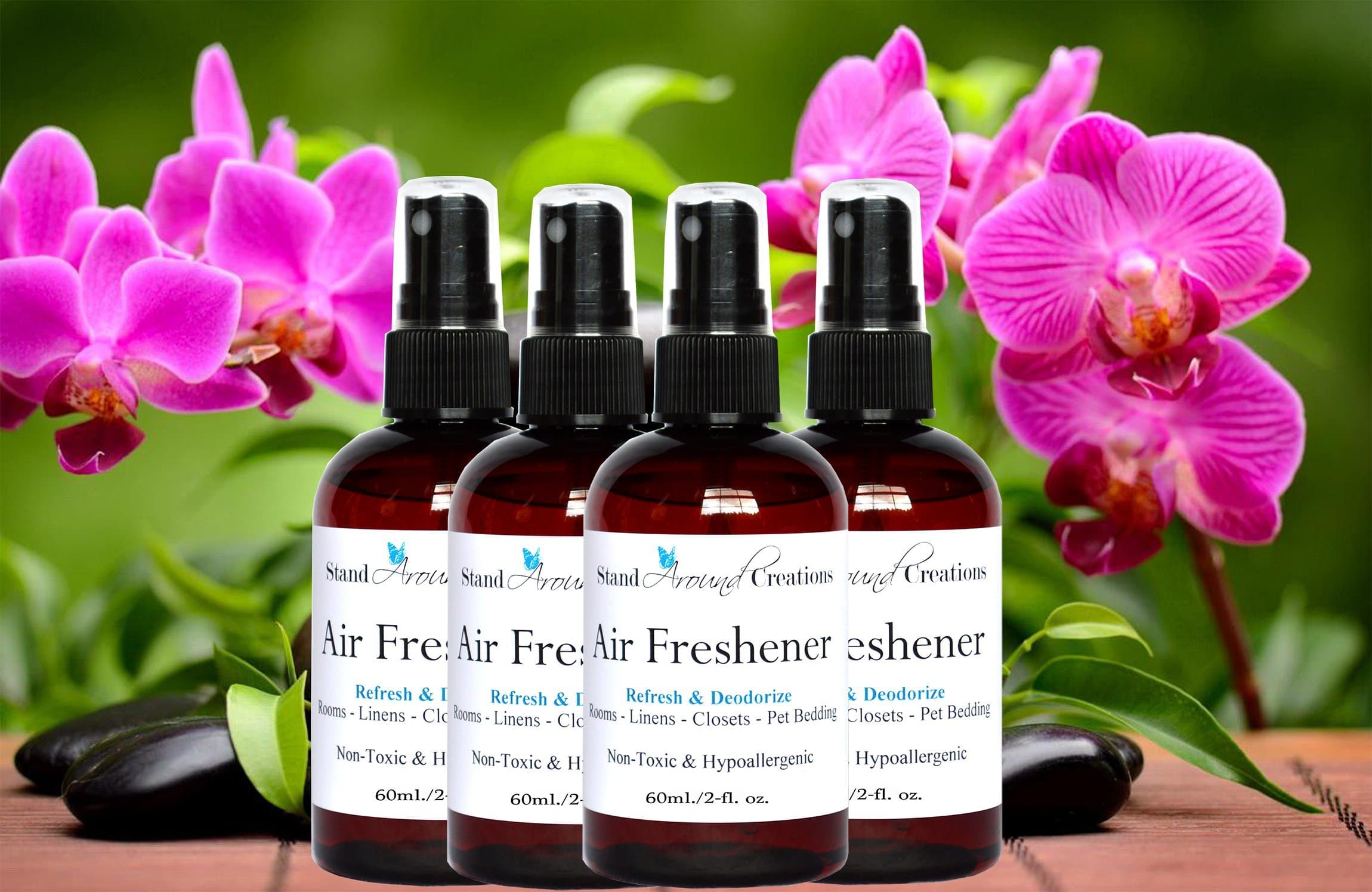 Set of 4- Premium 100% All Natural Highly Concentrated Air Freshener/Room Deodorizer sprays For Cars/Bath Rooms/Pet bedding/Linen closets/Etc. Scent: Banana Nut Bread, Blueberry Muffin, Chocolate Layer Cake & Red Velvet Cake. 2 oz.- each. Naturally Strong, Highly Scented.