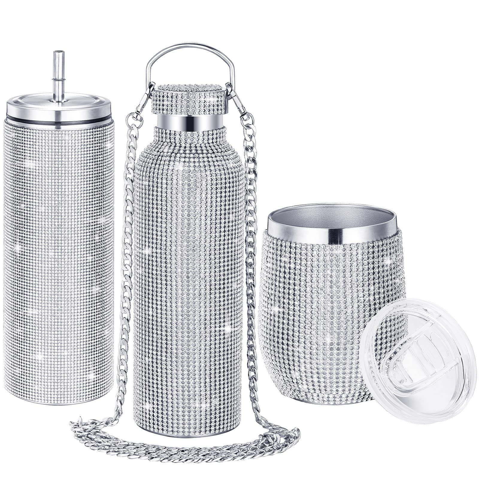 3 Pcs Glitter Water Bottle Rhinestone Tumbler Diamond Thermal Water Bottle with Chain Bling Cups with Lids Wine Tumbler with Rhinestones Stainless Steel Thermal for Women Girl, 25 oz 20 oz 12 oz