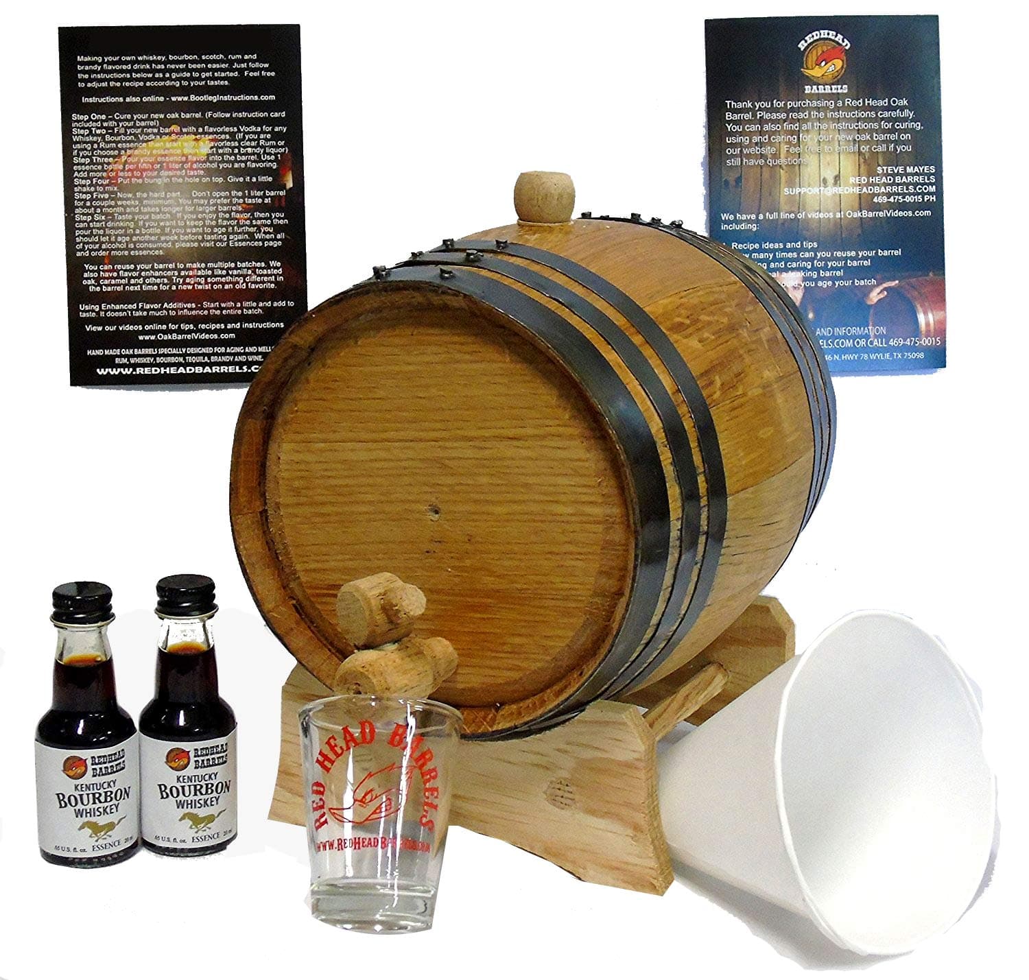 Red Head Barrels 2-Liter Charred American White Oak Whiskey Barrel with Kentucky Bourbon Flavoring Essence, DIY Oak Wood Barrel Homebrew Kit, Comes with a Shot Glass