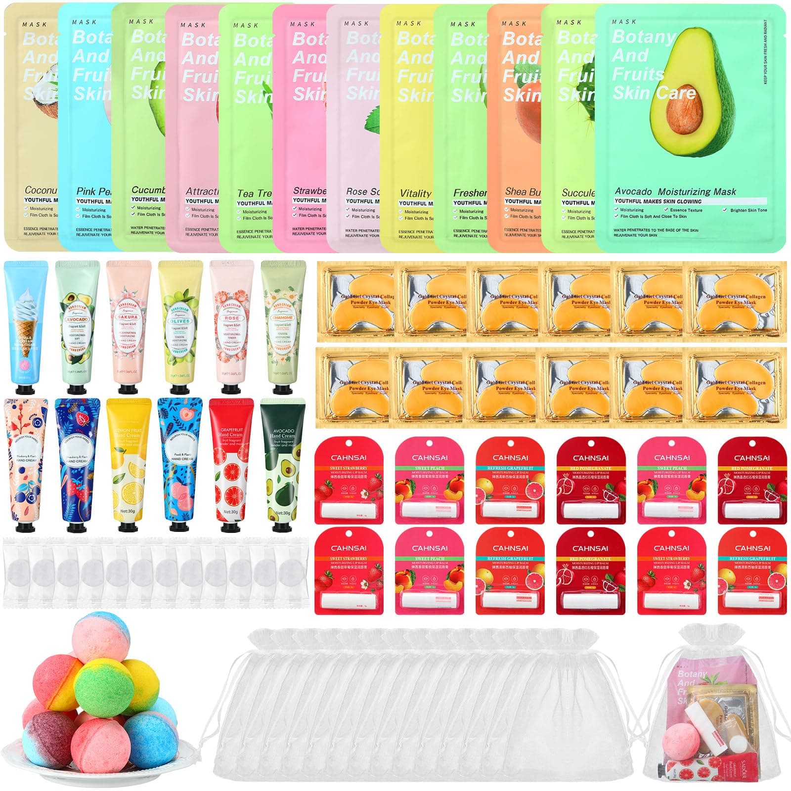 84 Pcs Spa Themed Party Supplies Facial Masks Patches Lip Balm Hand Cream Bombs Compressed Towel Organza Bags Spa Birthday and Sleepover Favors Galentines Day Gift for Women Most Skin Type