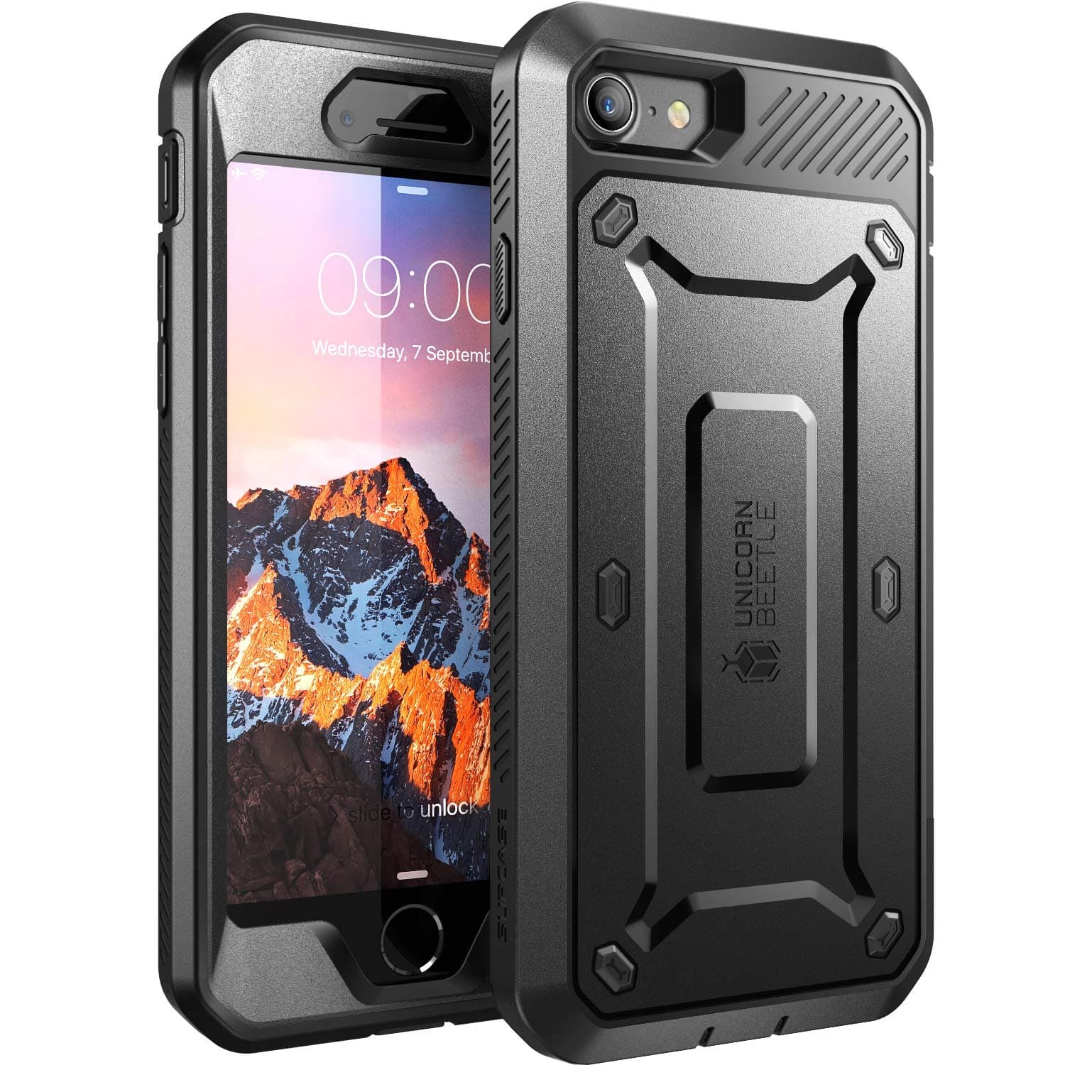 Unicorn Beetle Pro Series Case Designed for iPhone 7 / 8 / iPhone SE 2 (2020) / iPhone SE 3 (2022), Full-body Rugged Holster Case with Built-in Screen Protector (Black)