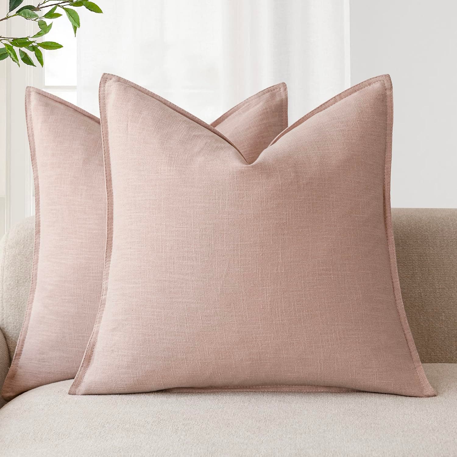 Foindtower Pack of 2, Decorative Linen Solid Throw Pillow Covers Soft Accent Cushion Case Boho Farmhouse Pillowcase for Bed Chair Couch Sofa Bedroom Living Room Home Decor 24 x 24 Inch Light Pink