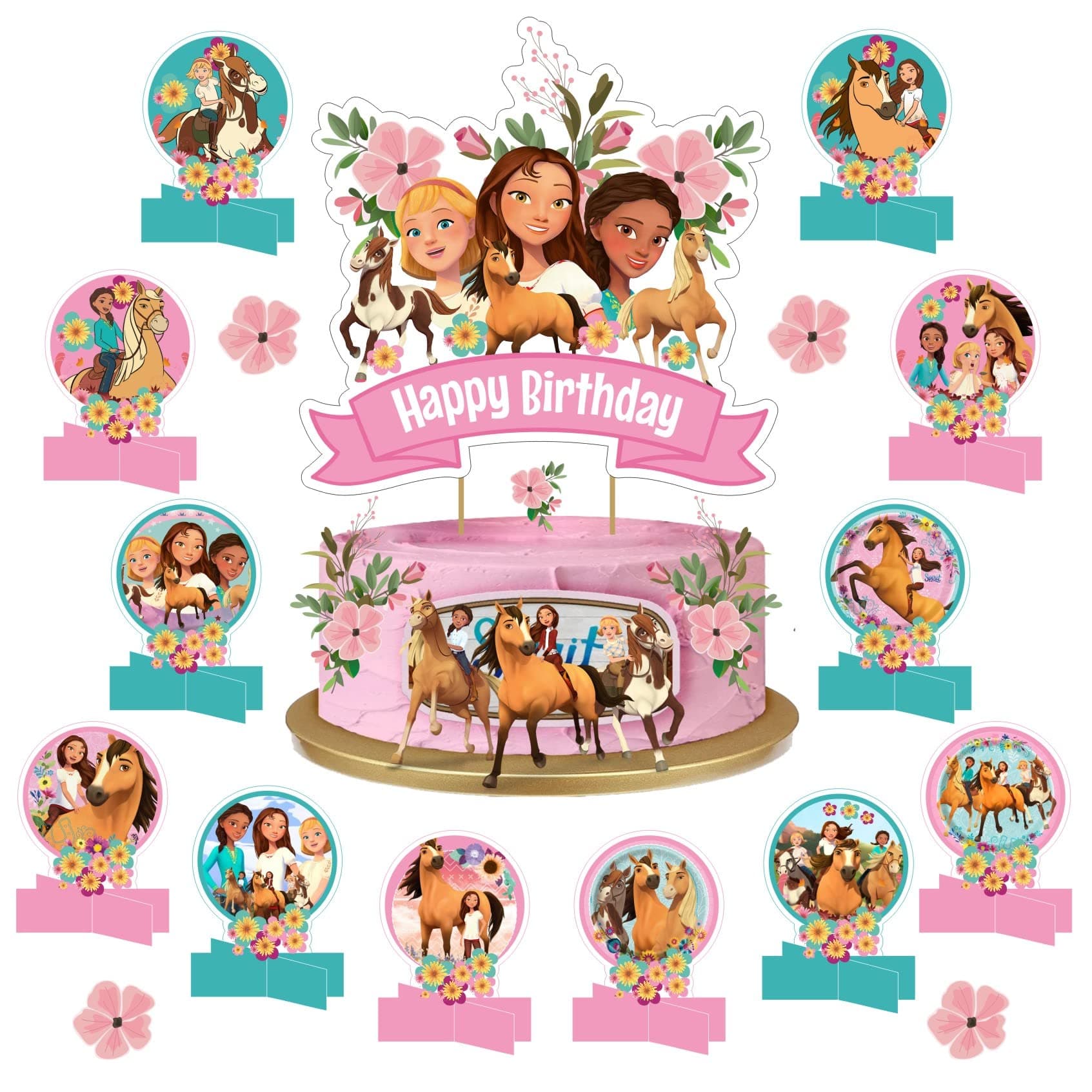 19pcs Spirit Riding Free Birthday Party Decorations with 1pcs Spirit Untamed Big Cake Topper, 18pcs Horse Themed Table Centerpieces, Spirit Birthday Party Supplies for Girls