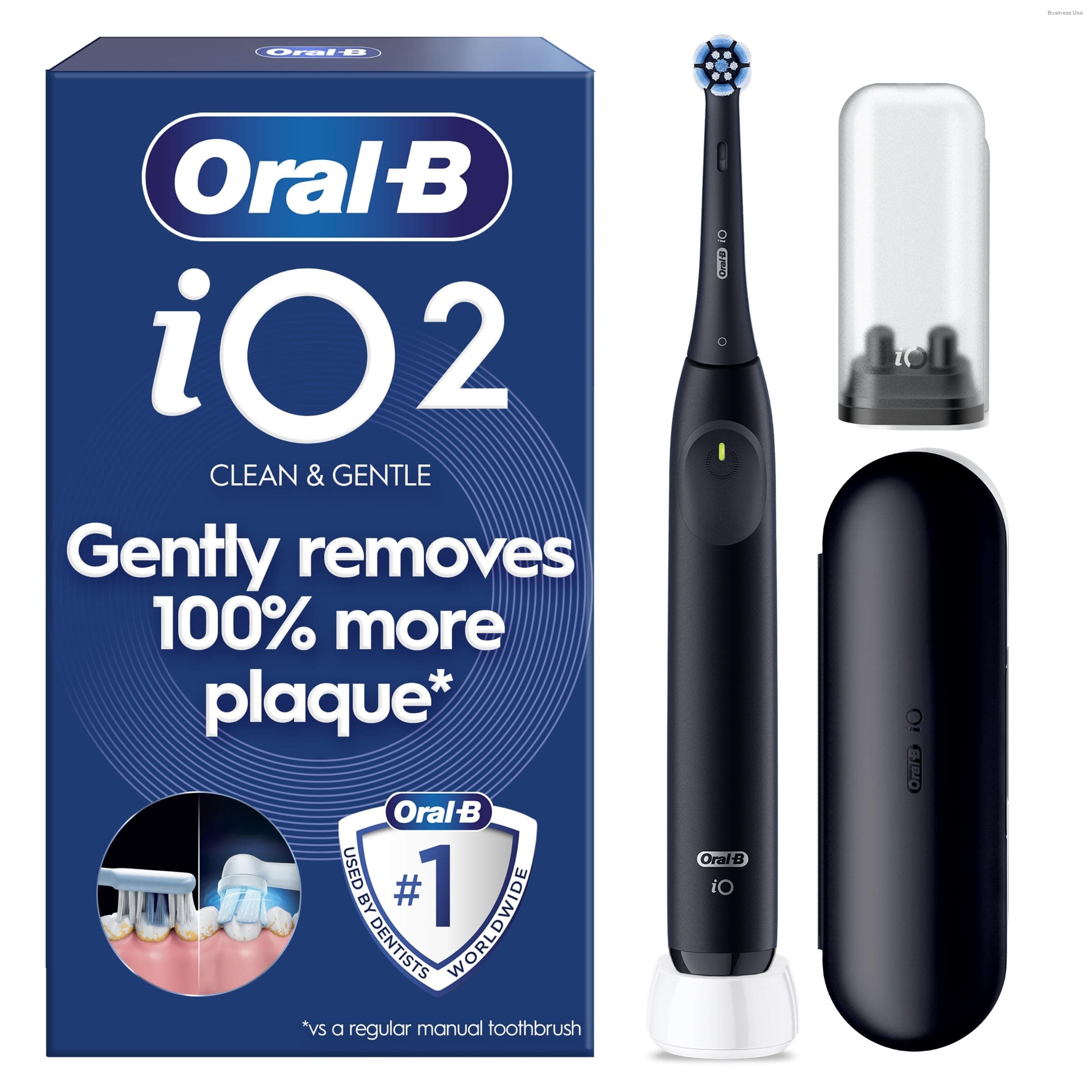 iO2 Electric Toothbrush for Adults, Night Black, Long-Lasting Battery for Travel, Includes Gentle Care Brush Head, Travel Case and Refill Holder, Easy Switch to Electric Brushing, 2 Pin Plug