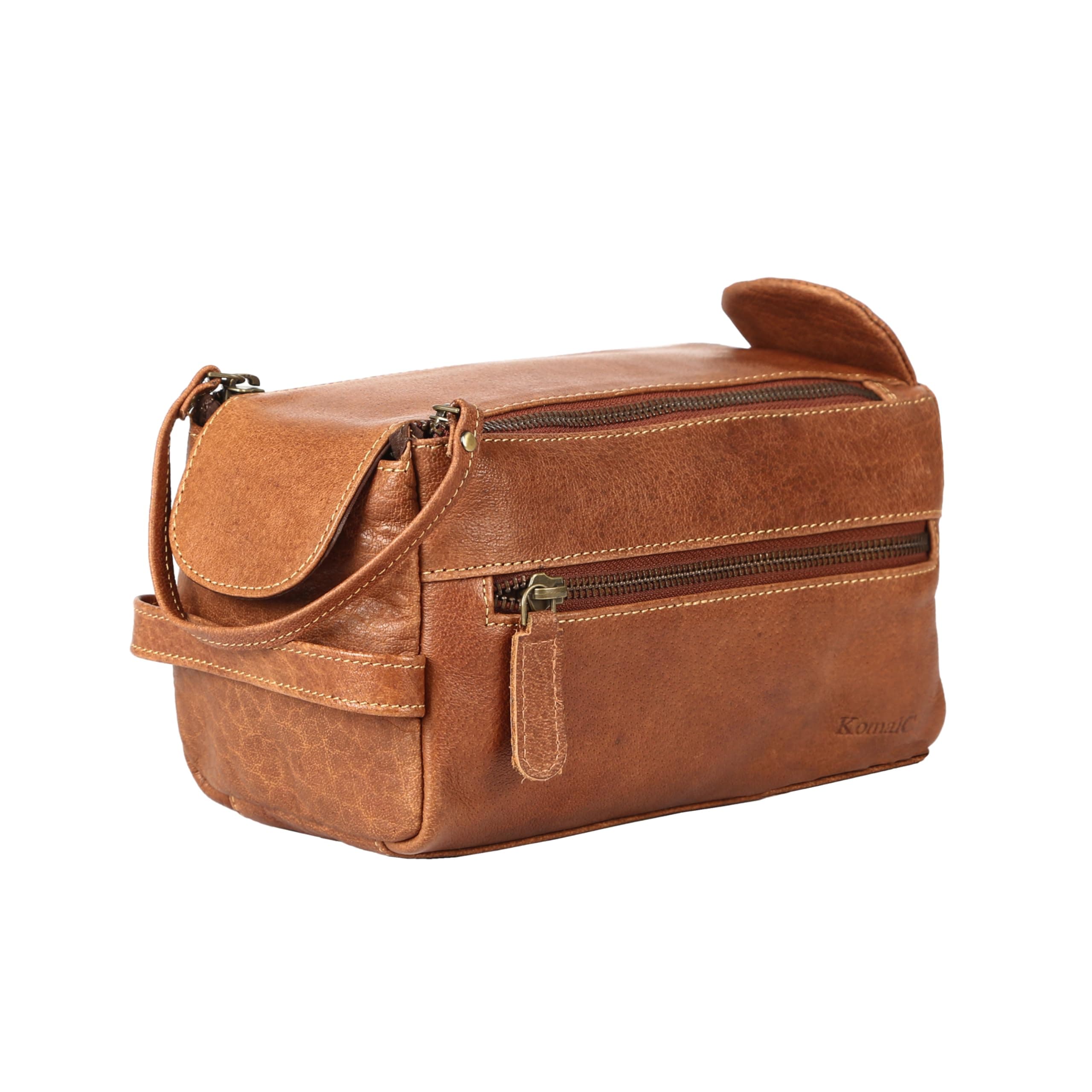 KomalC Premium Buffalo Leather Unisex Toiletry Bag Tan
