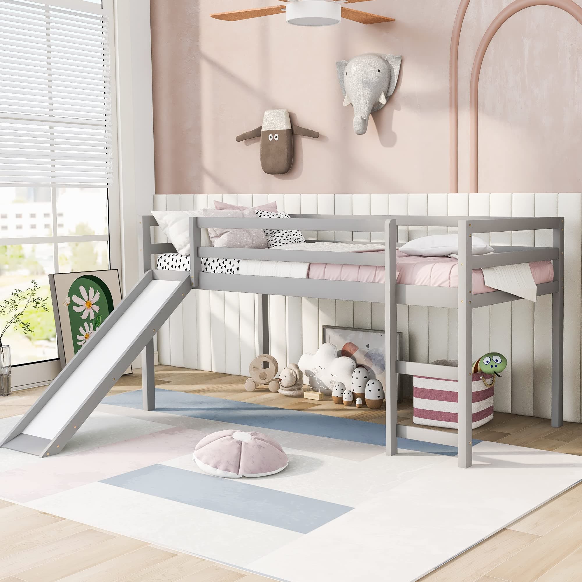 Bellemave Low Loft Bed with Slide,Wood Twin Size Loft Bed for Kids,Wood Low Loft Bed Frame with Climbing Ladder & Safety Guard Rail.(Gray)