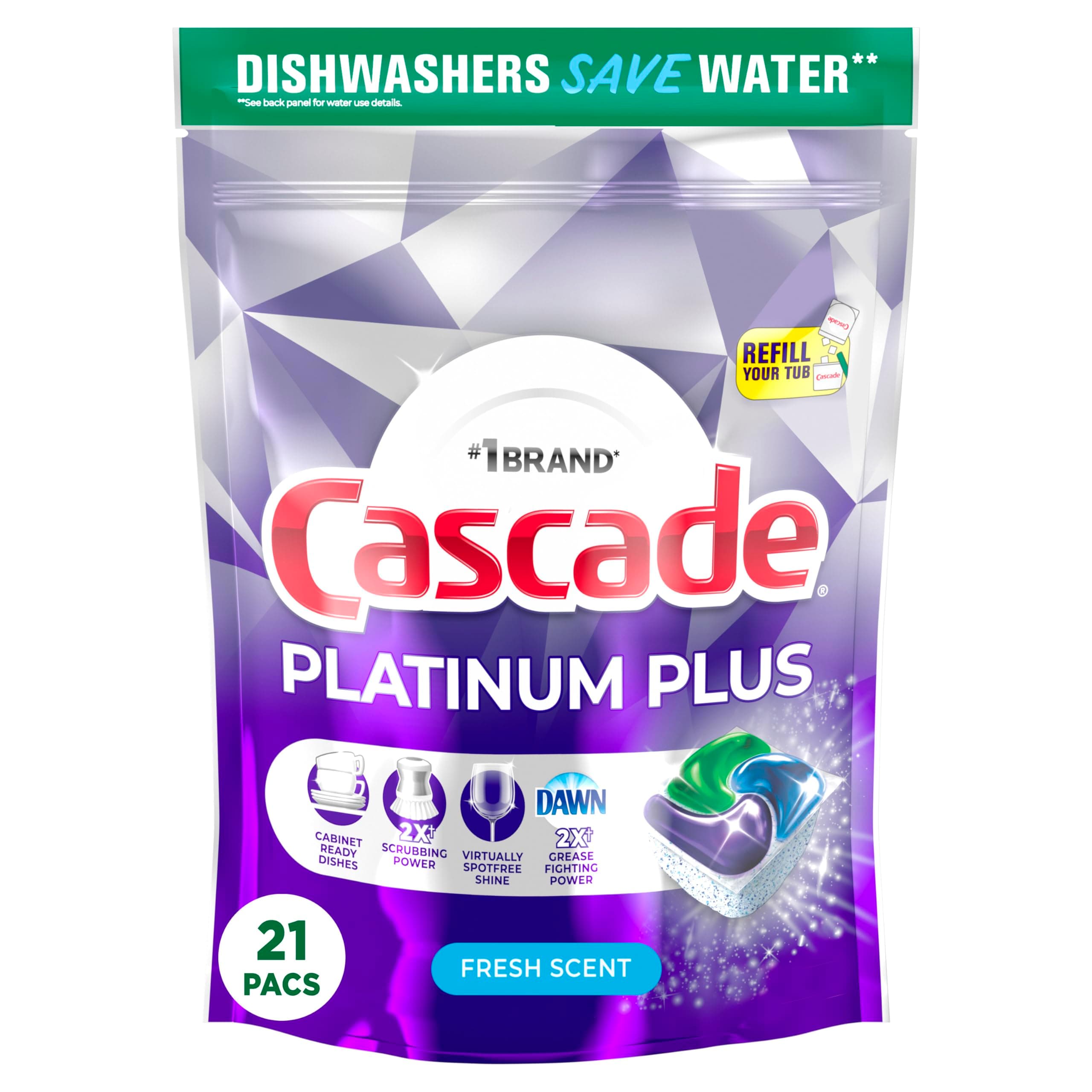 Cascade Platinum Plus Dishwasher Pods, Dishwasher Detergent, Dishwasher Soap, Dish Tabs, Dishwashing Tablets, Dish Detergent, Fresh, Actionpacs, 21 Count