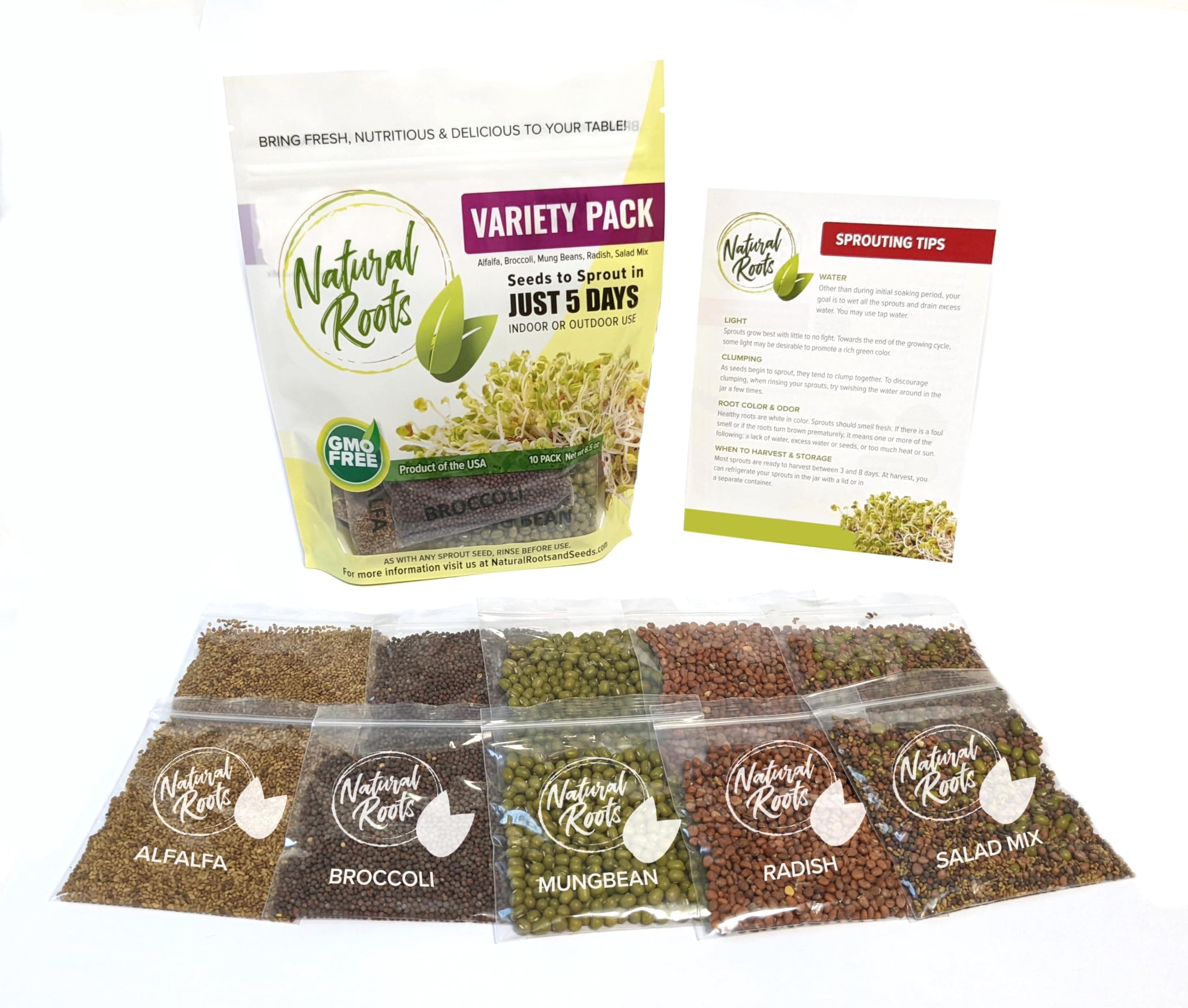 – Variety Pack Sprouting Seeds Broccoli, Alfalfa, Radish, Mung beans & Salad Mix for Sprouts and Microgreens. Non-GMO. Pack of 10 premeasured seeds for quart size jars or trays. Includes 2 packs of each