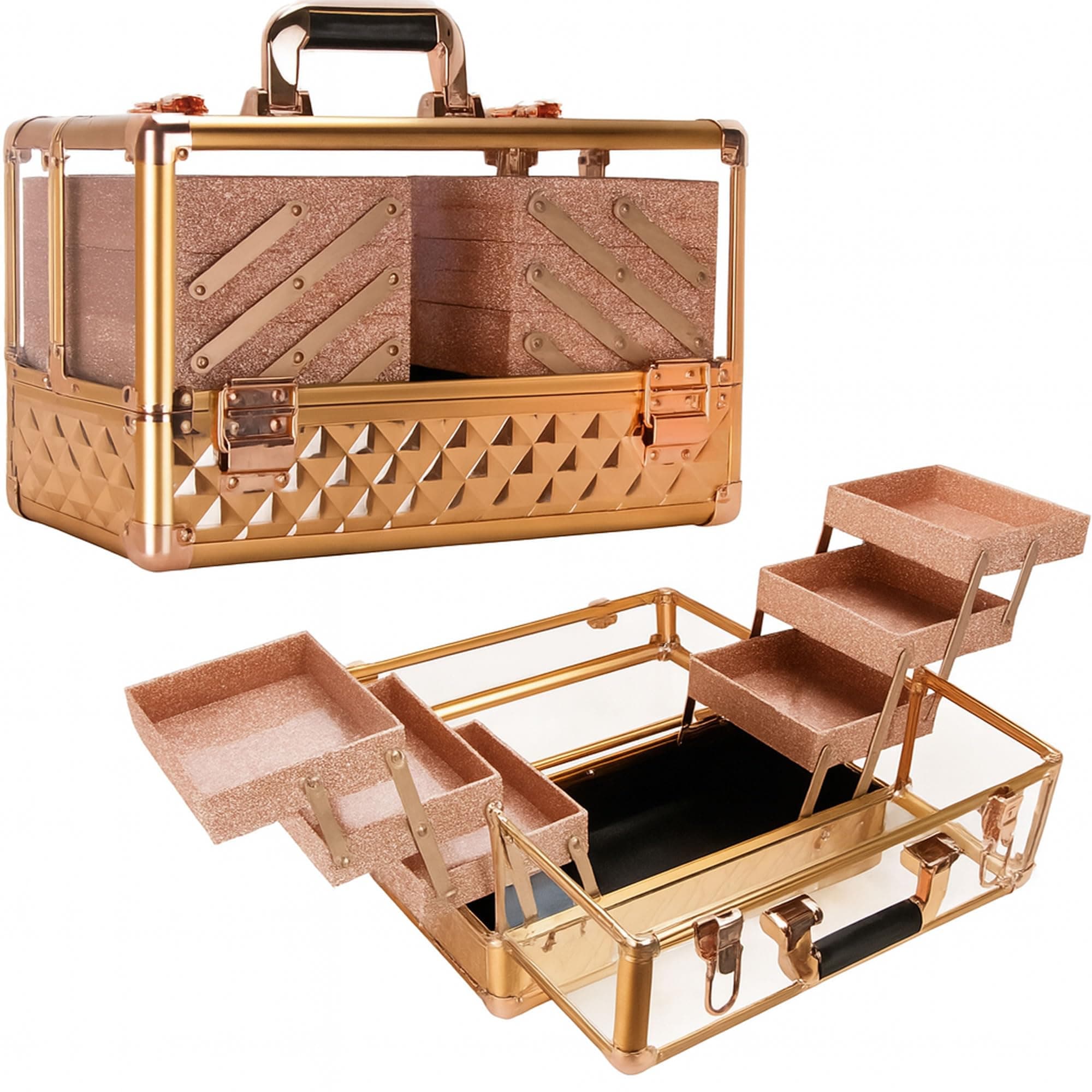 Ver Beauty Professional Jewelry & Makeup Organizer, 3.8mm Heavy Duty Acrylic Travel Case with 6 Extendable Trays and Keylocks, Rose Gold Diamond