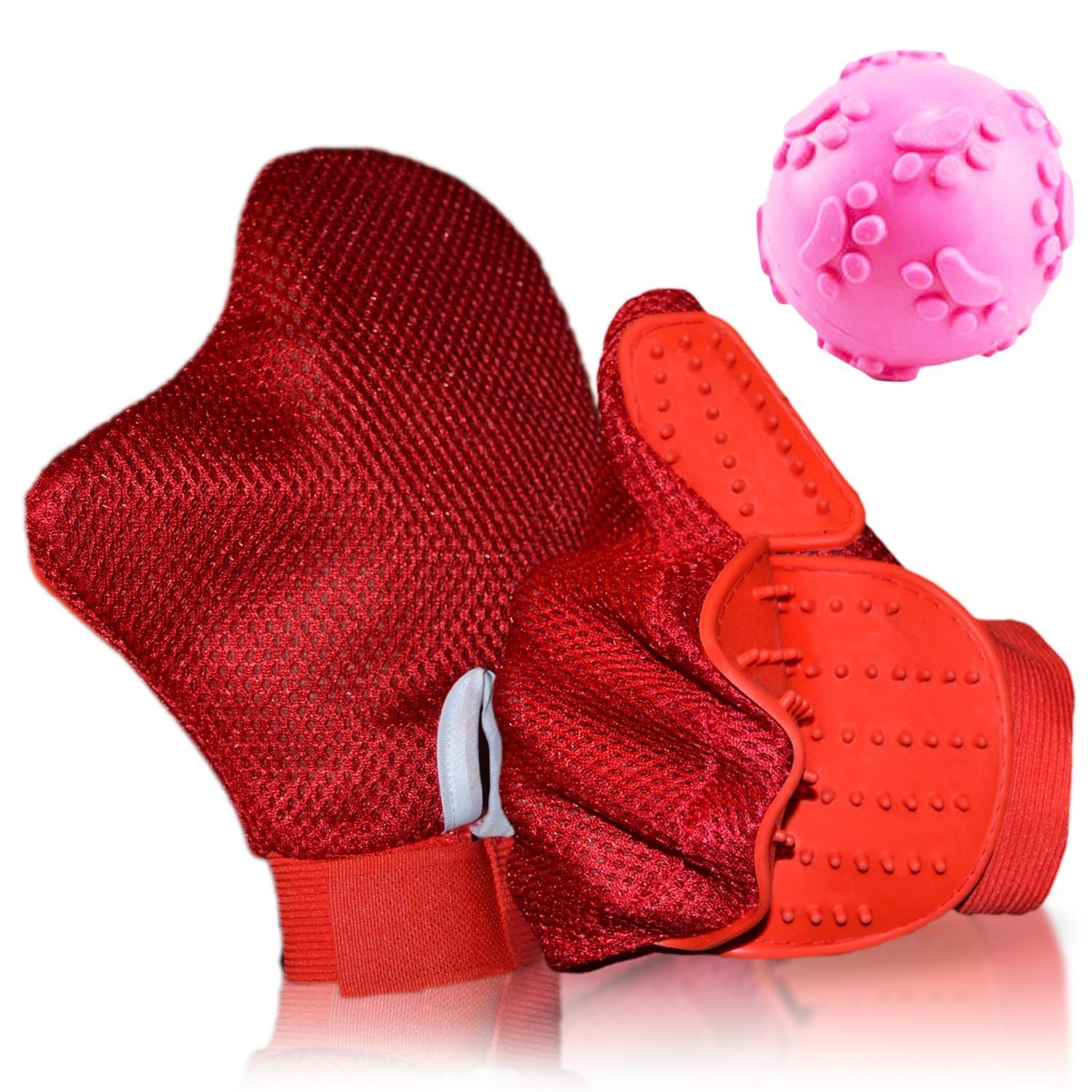 Pet Hair Remover Grooming Glove Brush + 2 Toys - For De Shedding - Patting - Brushing Pet Groomer For Long & Short Hair - Furniture Hair Remover Tool (Right Hand, Red)