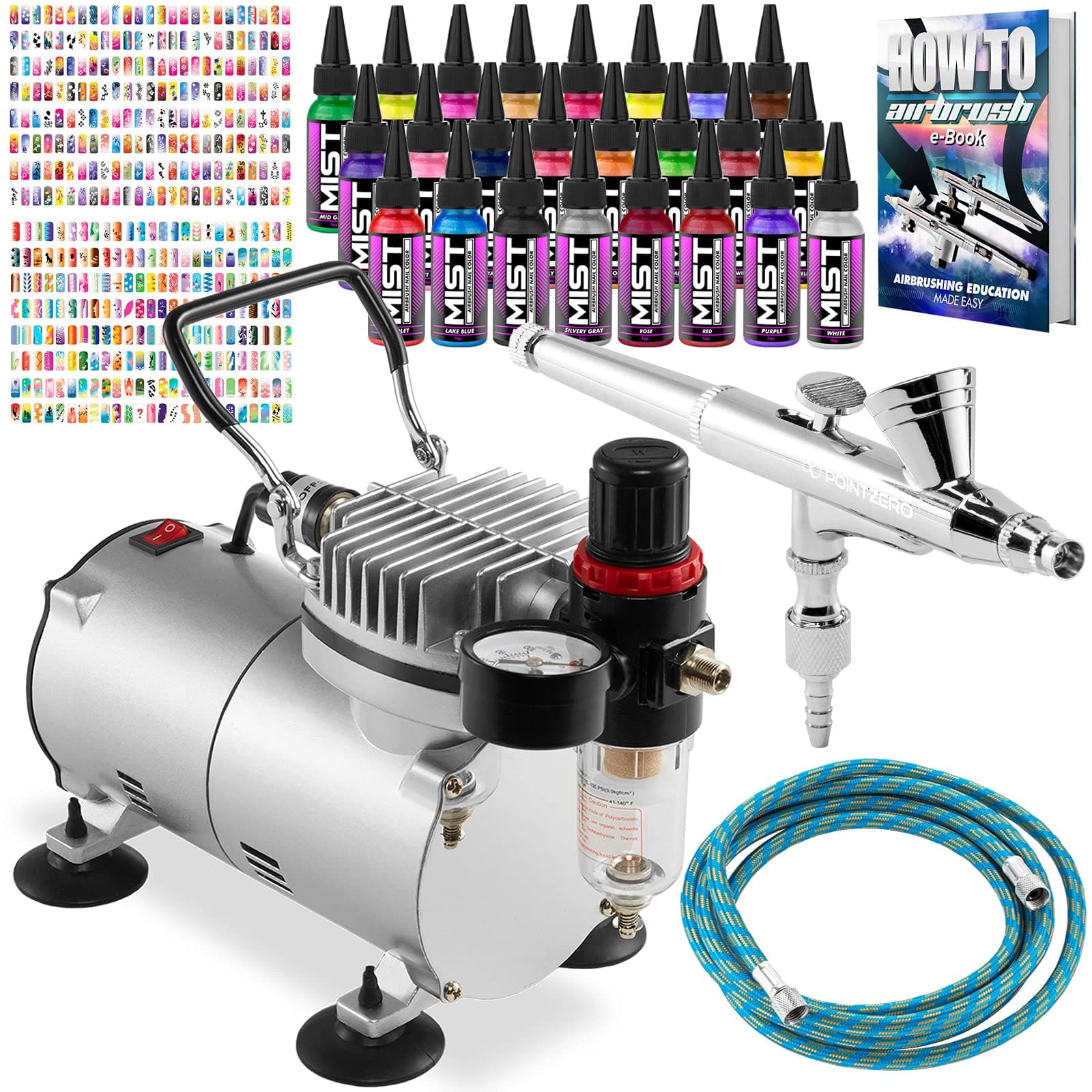 PointZero Complete Airbrush Nail Art Kit - 24 Color 480 Stencil Set