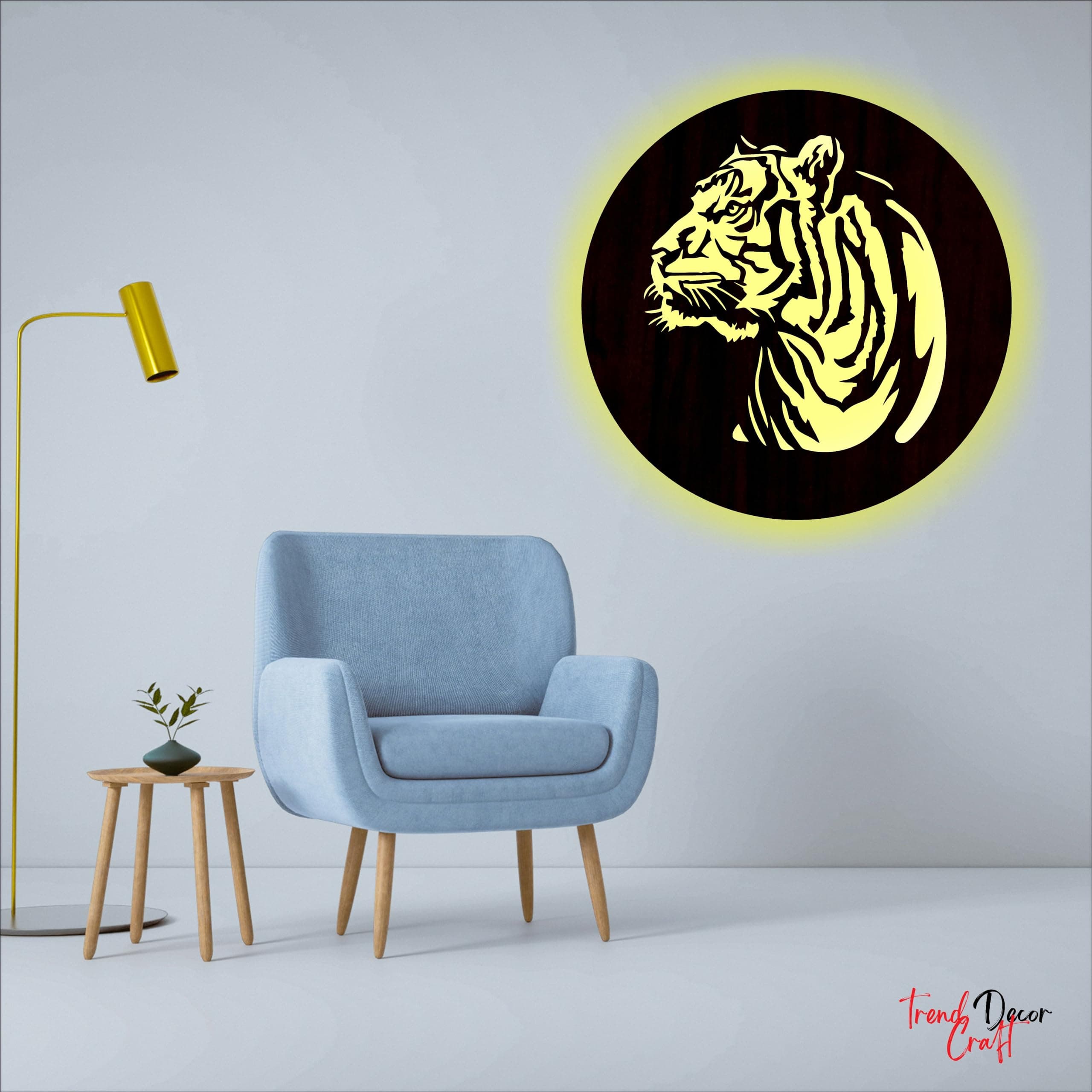 trendDecor Craft - IN Lighted Tiger Wall Hanging, 3D Wall Art, Led Light Wooden Decor for Living Room, Bedroom, Nursery, Office, Home Decoration (12 X 12 Inches)