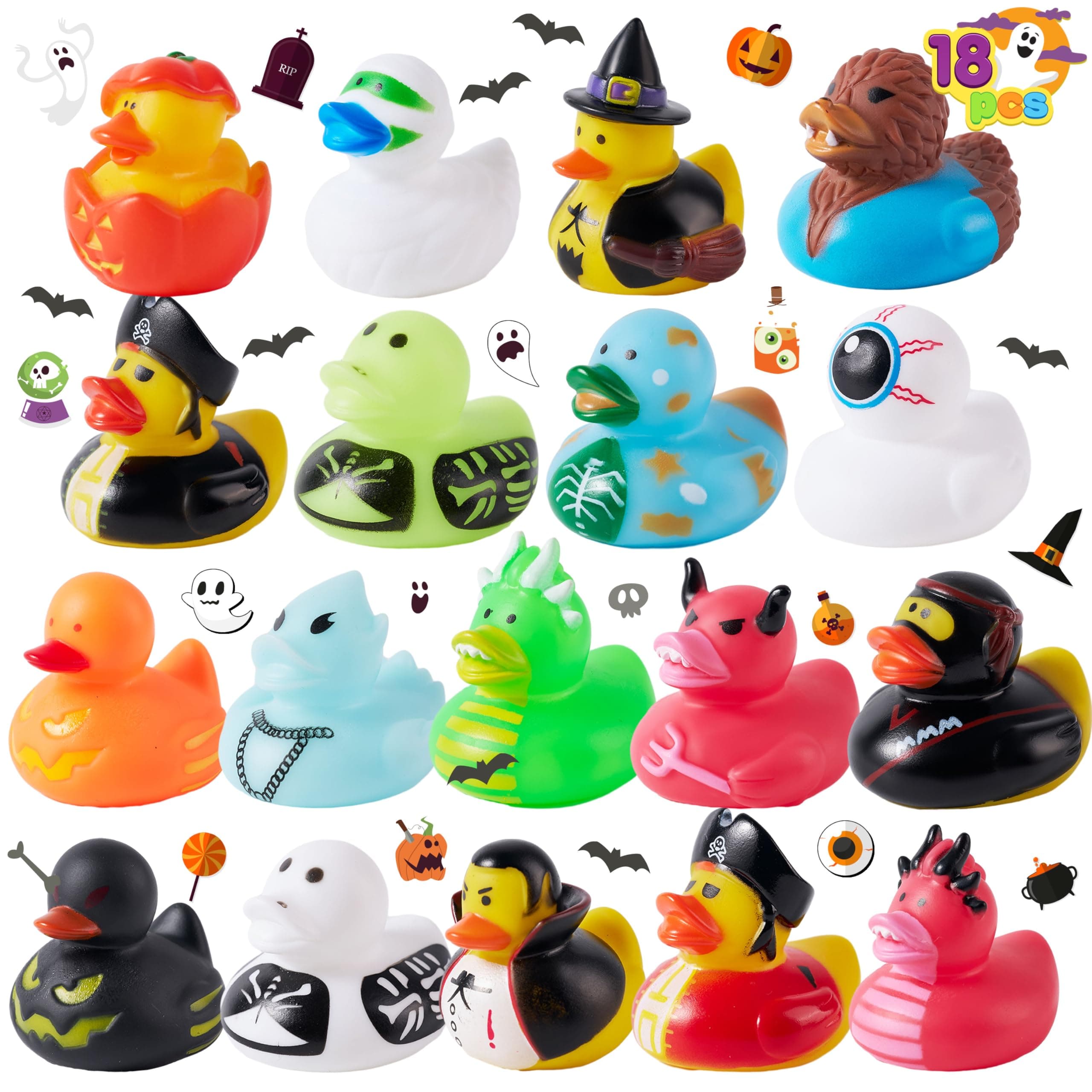 JOYIN 18 PCS Halloween Novelty Rubber Duckies, Halloween Classic Featured Duckies Great for Halloween Party Favors, Baby Baths, Halloween Themed Pool and Celebrations, Bathtime Toys for Toddlers