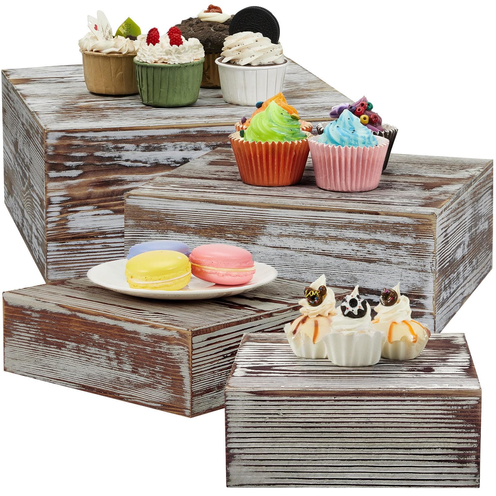 Juexica Set of 4 Large Wood Display Risers Rustic Cupcake Stand Size 11.8",10",7.8",6.3", Wooden Stackable Display Box Wood Cake Stand for Dessert Wedding Birthday Christmas Party(Classic)