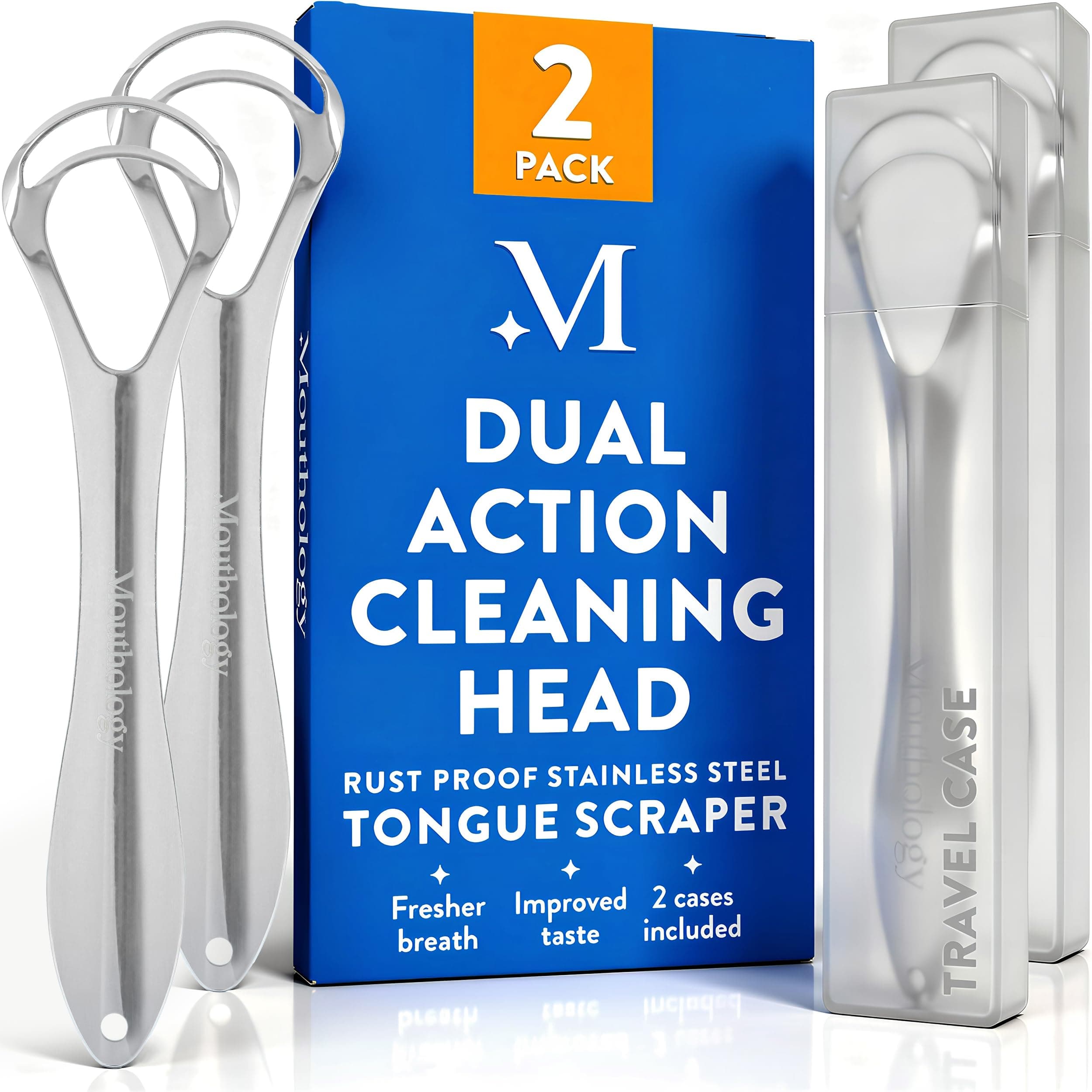 Mouthology Tongue Scraper for Adults (2 Pack), Reduce Bad Breath, Metal Tongue Scraper, Tongue Cleaner, Tongue Scraper, Stainless Steel Tongue Scraper, Tongue Cleaner for Adults, Tongue Scrubber