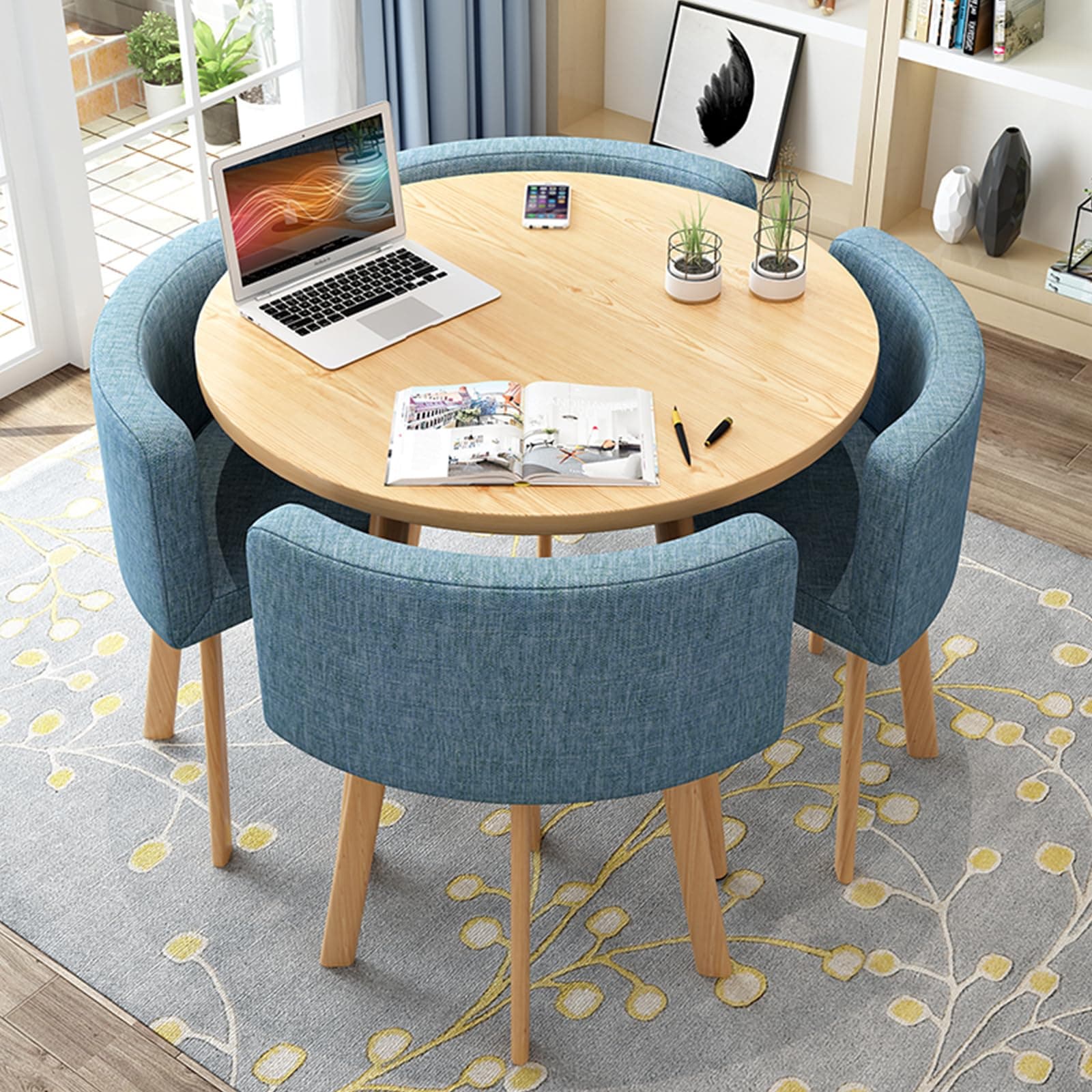 Round Kitchen Dining Table Set for 4, Space Saving Table and Chairs Set with Thick Tabletop 4 Upholstered Chairs, Dinning Room Modern Casual Coffee Table Set(D 31.5inch/80cm, BlueA)