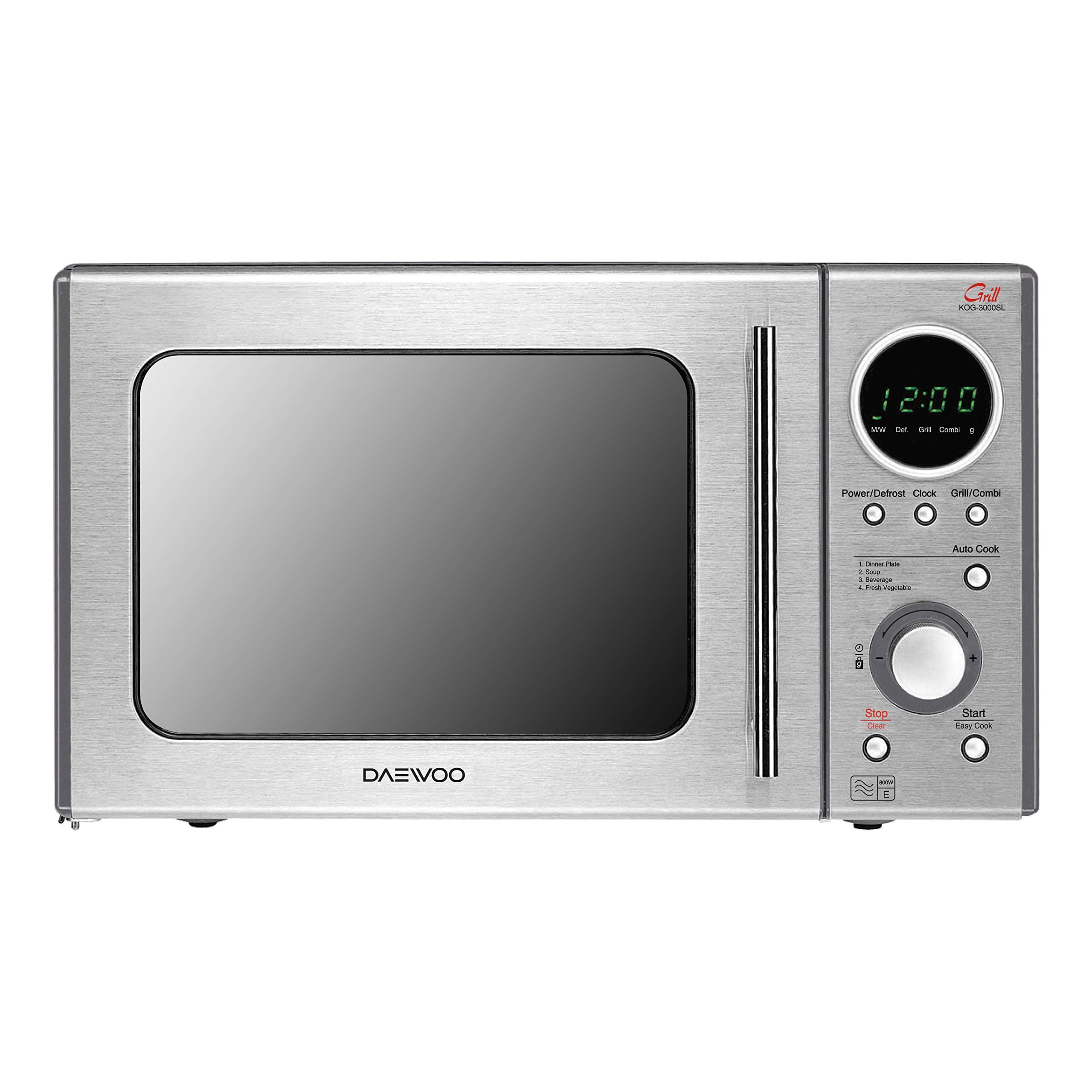 Daewoo KOG3000SLR Microwave Oven with Grill, 5 Power Control Levels, 4 Auto Cook Programmes, Touch and Dial Control, Stainless Steel Exterior, 800 W Microwave Output, 1050 W Grill, Silver