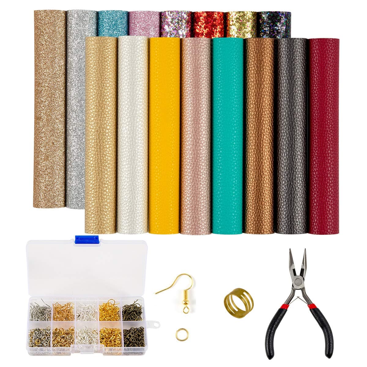 Homtable 19 Pieces Faux Leather Earrings Making Kit, Fabric Sheets, Litch and Glitter Faux Leather with Tools for Earrings Bows Jewelry Crafts Making