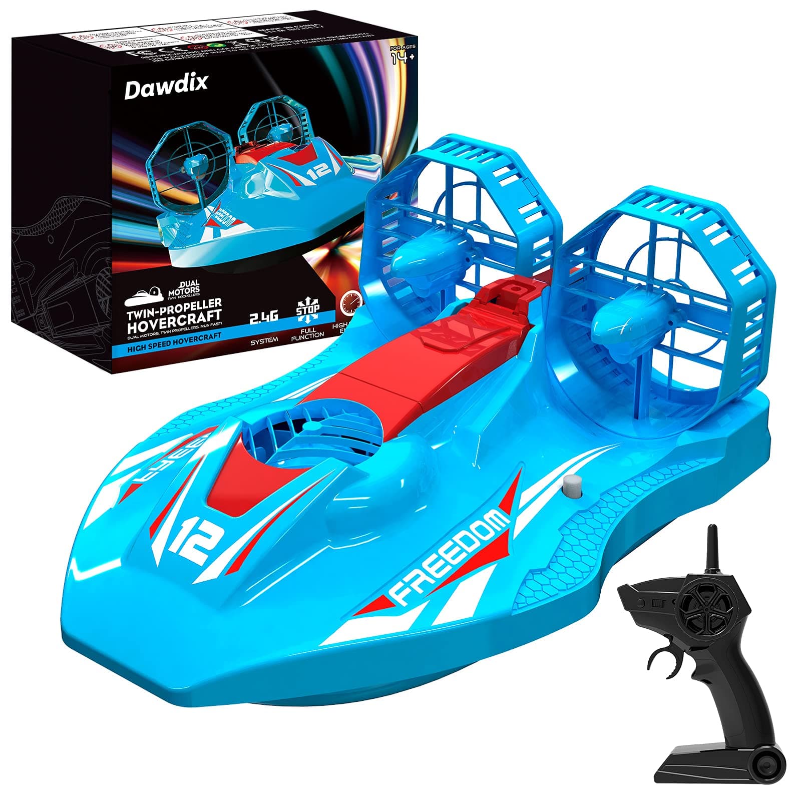 Dawdix Remote Control Boats with Dual Motors for Pools and Lakes,2.4 GHz Fast Speed RC Hovercraft with 2 Rechargeable Batteries,Low Battery Reminder,Watercraft Toy for Kids…