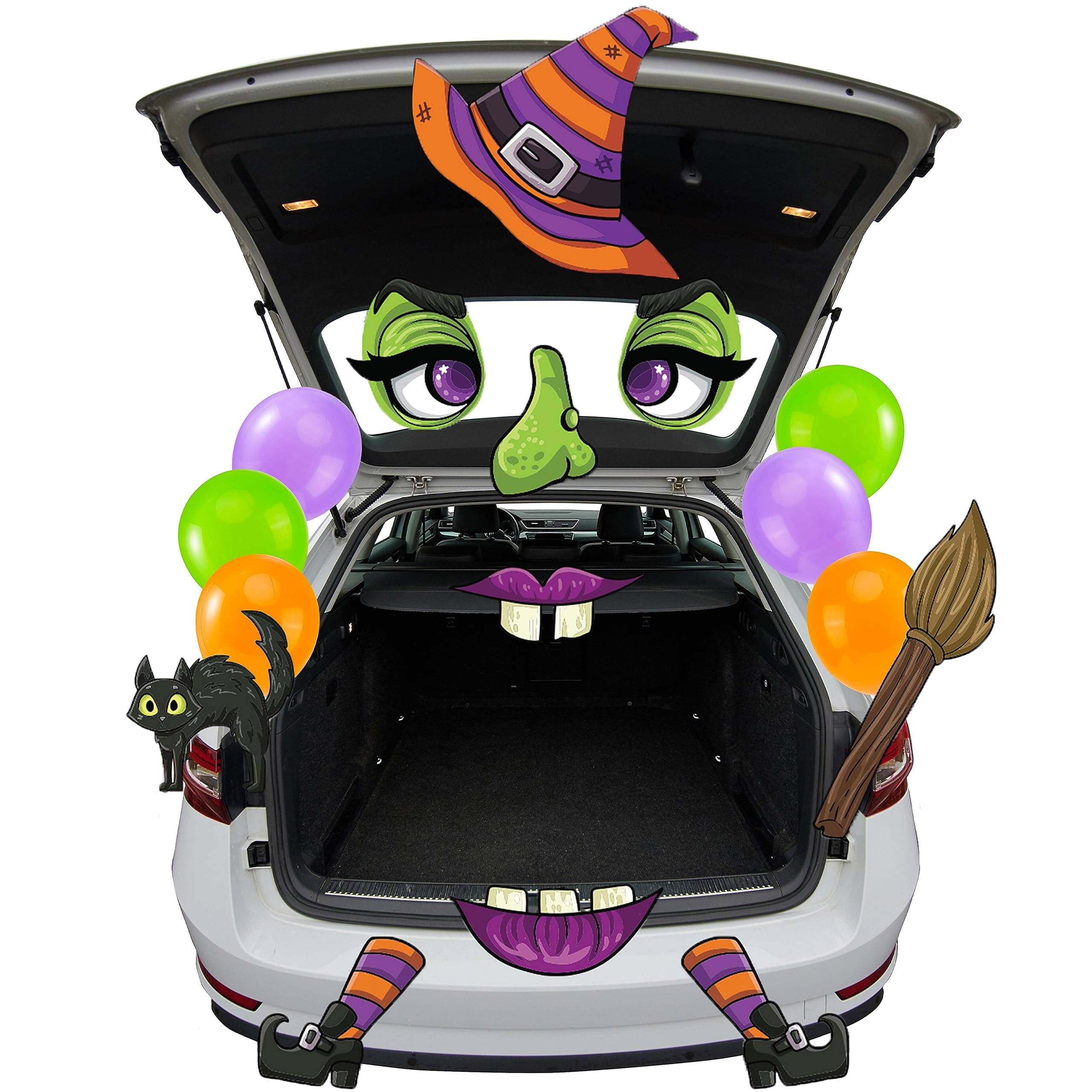 JOYIN Halloween Witch Trunk or Treat Car Archway Garage Decoration with Witch Hat, Eyes, Nose, Fangs, Legs, Cat, Broom and Dot Glue